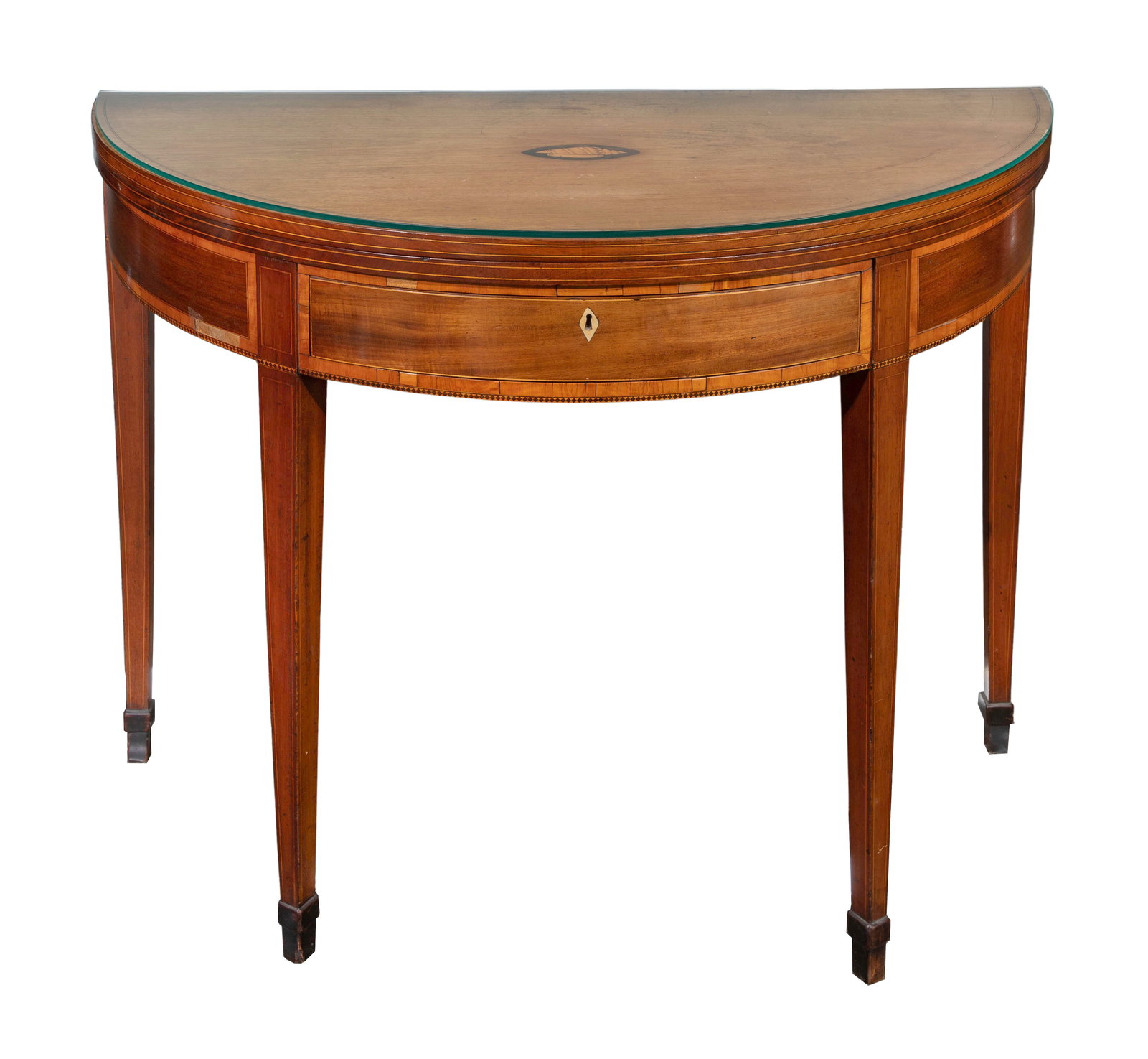 Mahogany Demilune Gate Leg Card Table: Mahogany Demilune Gate Leg Card Table Having solid mahogany construction and mahogany veneers, satinwood and walnut inlays including a conch shell to top (protected by a glass top), pin-striping
