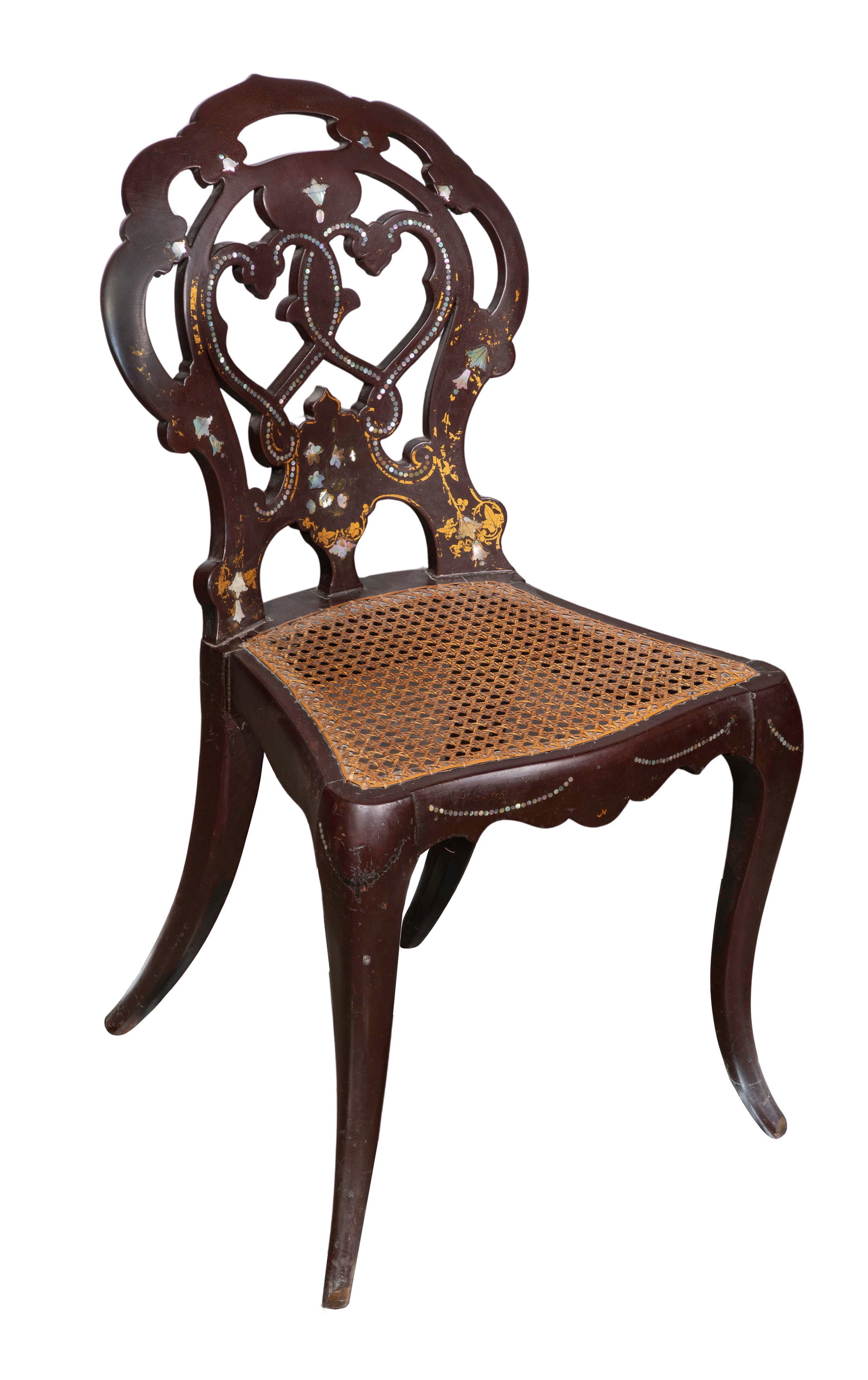 Victorian Inlaid Lacquered Wood Side Chair: Victorian Inlaid Lacquered Wood Side Chair Having mother-of-pearl inlay and hand woven cane seat, remnants of gilt decoration, possibly Anglo-Indian Property from: a Private Collector, Peoria,
