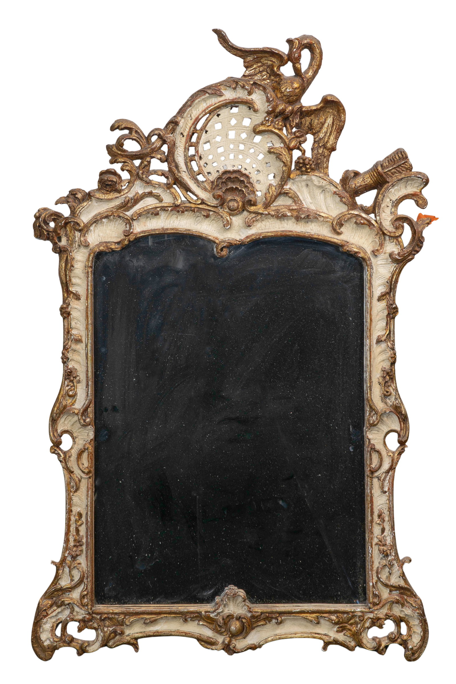 French Style Carved Wood Mirror: French Style Carved Wood Mirror A giltwood frame having carvings of asymmetric C-scrolls and botanical foliage, a finish of plaster, white paint and gilt on gesso, a carved phoenix pediment 