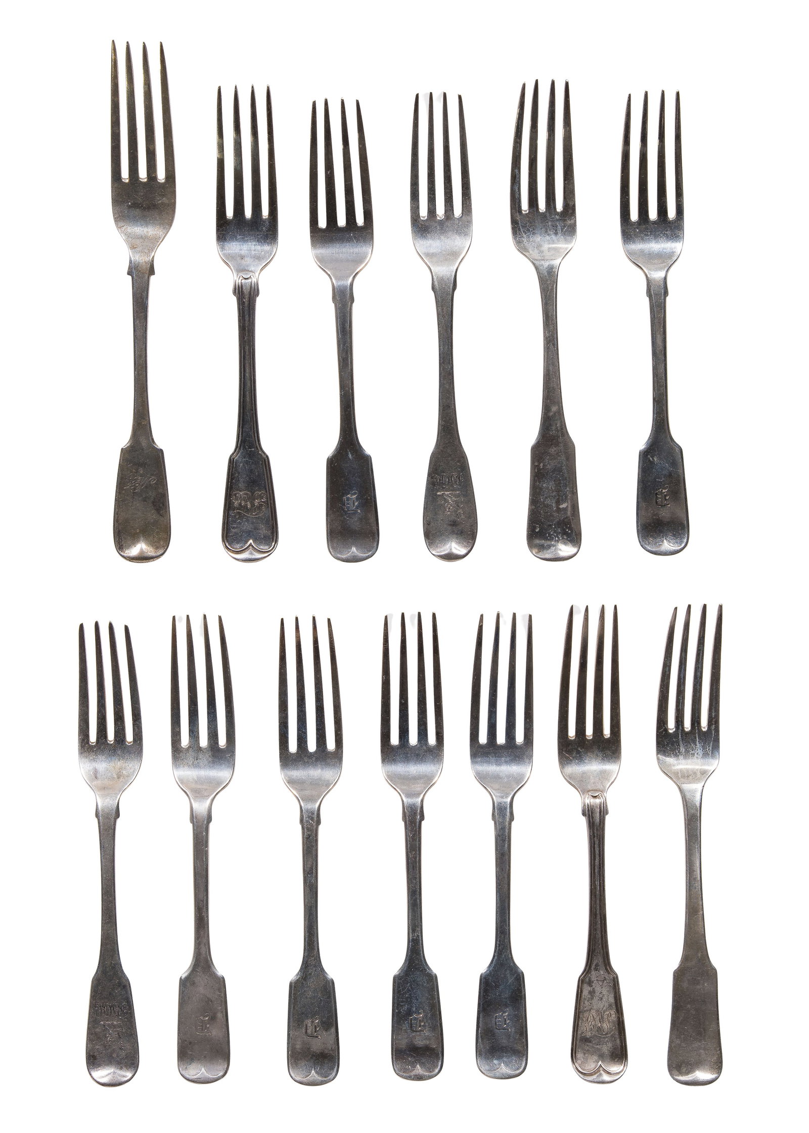 English Sterling Silver Fork Assortment: English Sterling Silver Fork Assortment (13) items of various shapes, sizes and designs (all marked 'sterling' / lion passant) Property from: a Private Collector, Peoria, Illinois Length: 9 1/2 inches