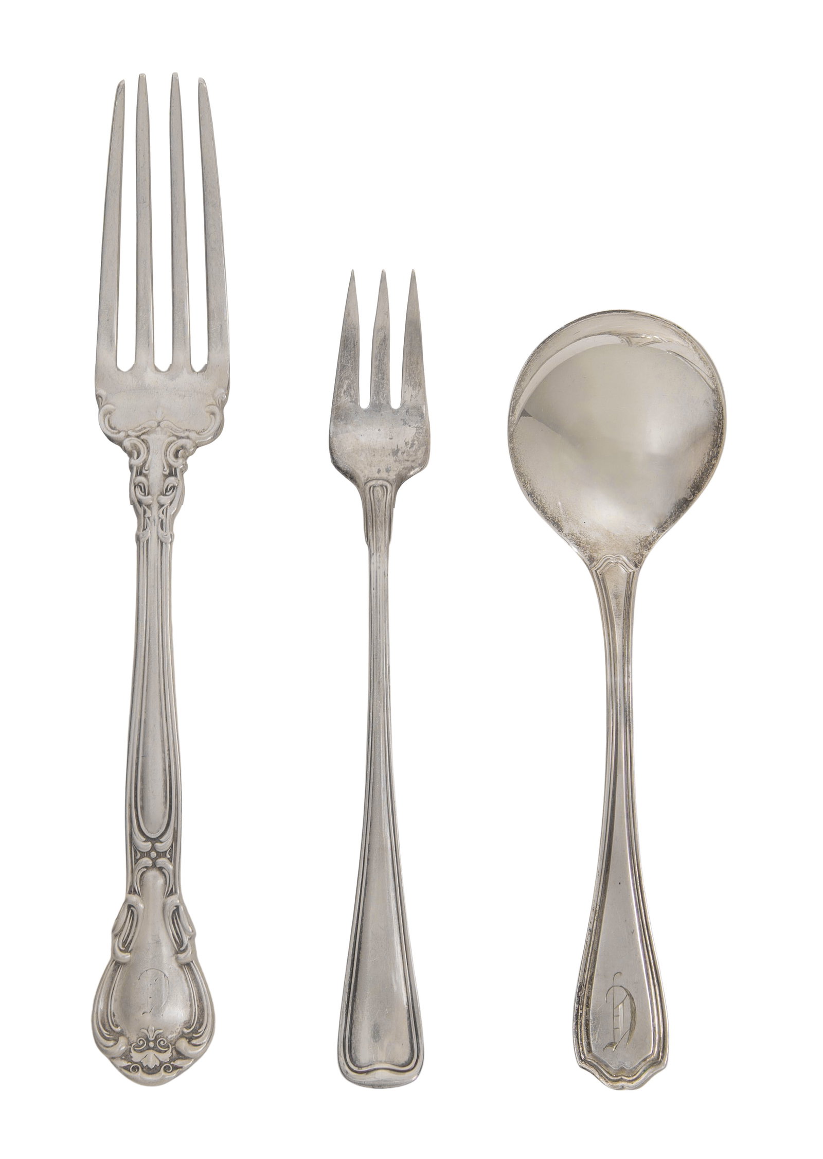 Sterling Silver Flatware Assortment: Sterling Silver Flatware Assortment (35) items of various patterns including (9) 7-inch dinner forks, (5) 5 1/2-inch cocktail forks, (2) 5 1/4-inch youth forks, (12) 4 1/8-inch round soup spoons, (4)