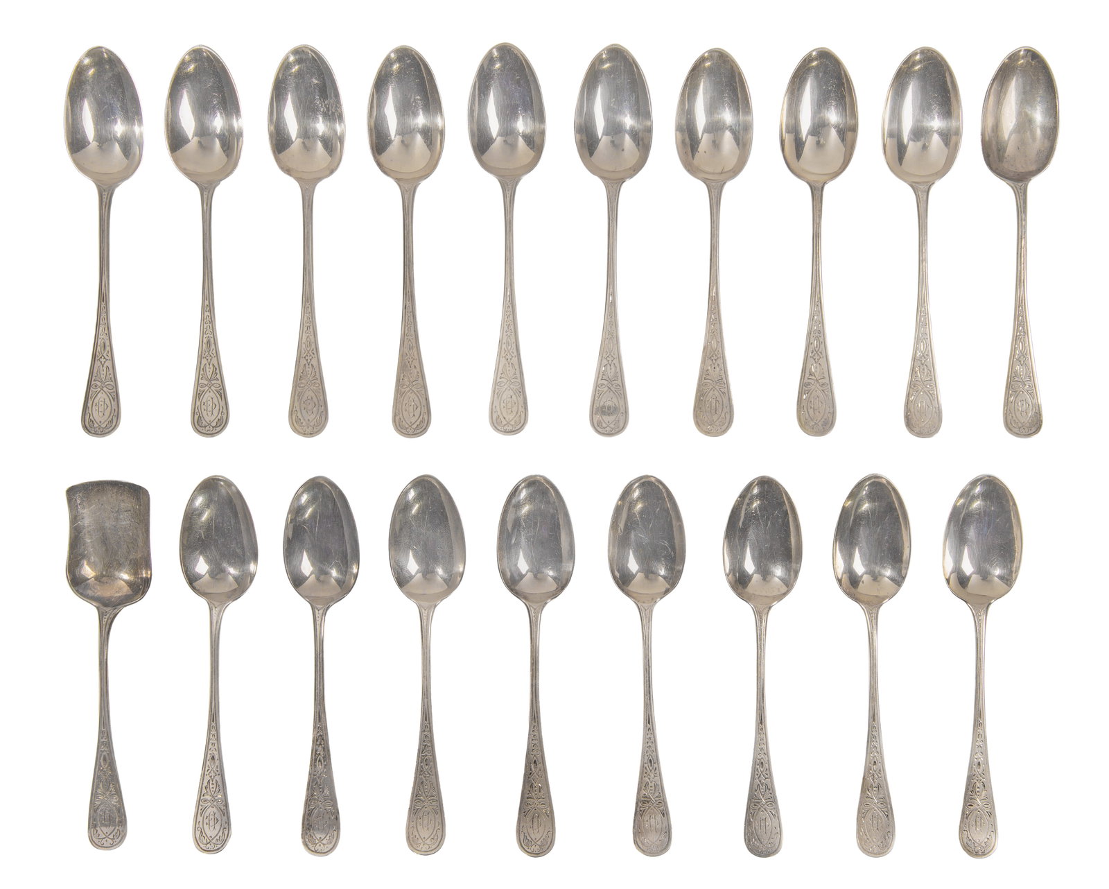 Henry John Lias & James Wakely English Sterling Silver Spoon Collection: Henry John Lias & James Wakely English Sterling Silver Spoon Collection (19) items of various shapes (all having Henry John Lias & James Wakely hallmark, lion passant) Property from: a Private