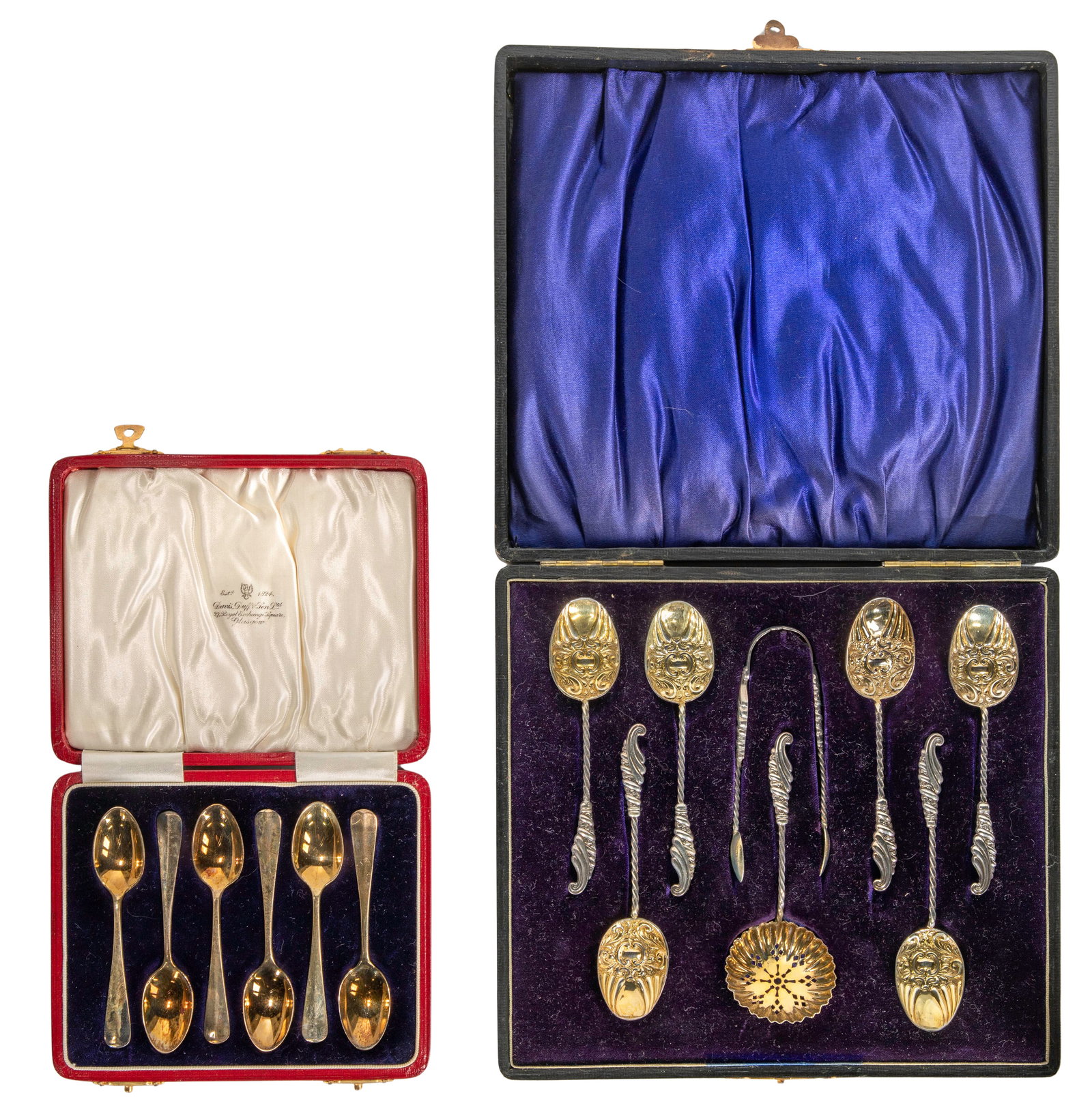 English Sterling Silver: English Sterling Silver (2) cased sets of demitasse spoons including a set of (6) gold dipped by Josiah Williams & Co. and a set of (6) having gold dipped bowls, a tea strainer and sugar tongs by