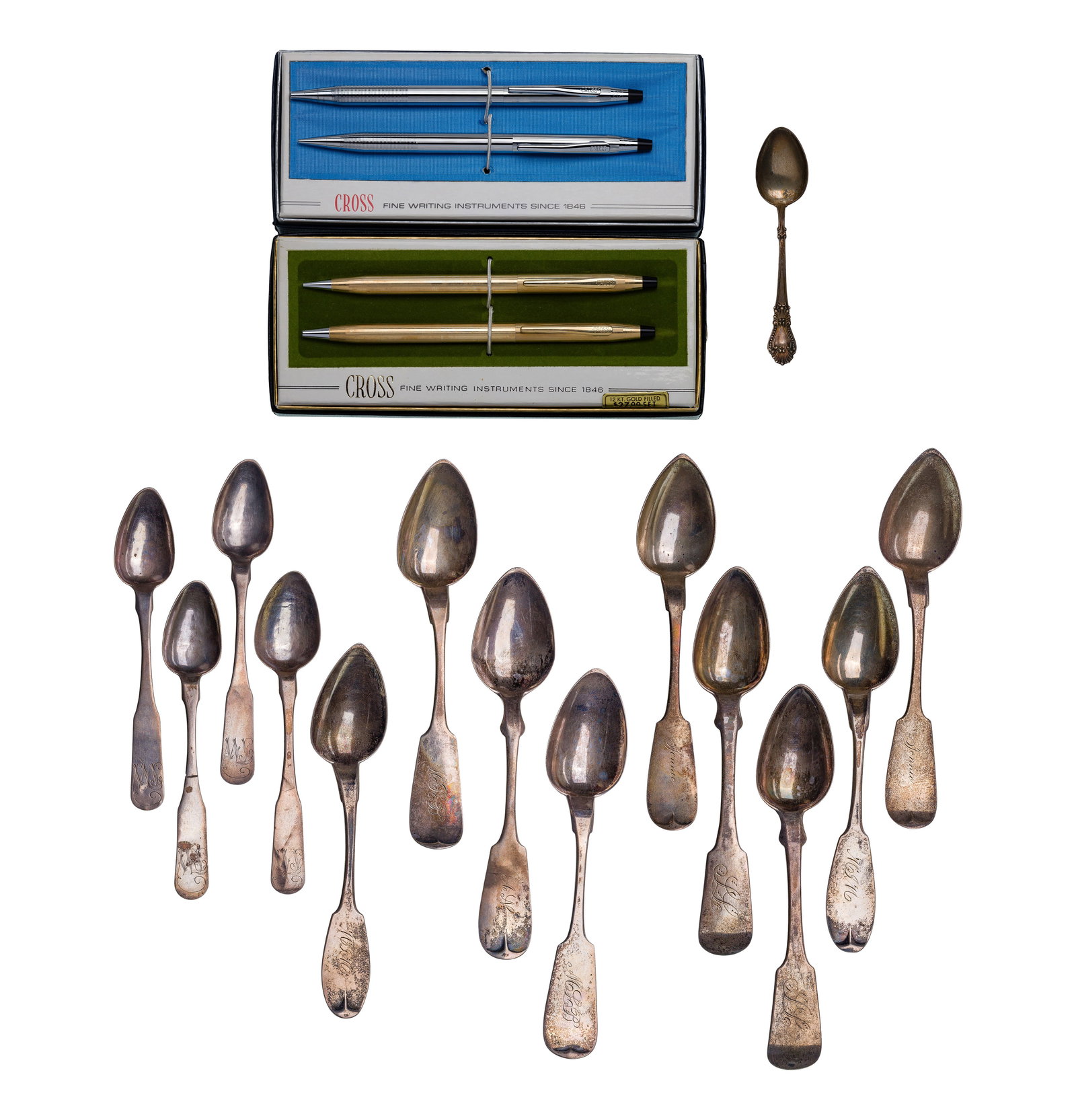Silver Spoon Assortment: Silver Spoon Assortment (16) total items including (14) spoons in various sizes, patterns and material (most unmarked silver); together with (2) boxed sets of cross pens and pencils Property