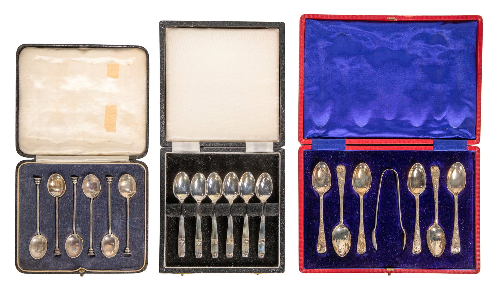 English Sterling Silver Spoon Assortment: English Sterling Silver Spoon Assortment (3) cased sets of demitasse spoons including a set of (6) Elkington & Co., a set of (6) William Hunt and a set of (6) John Round having sugar tongs (all