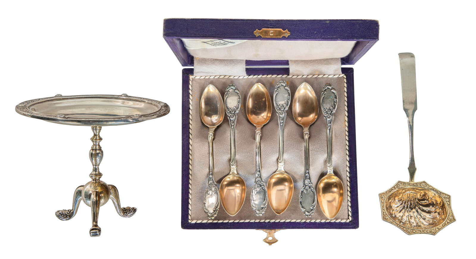 European Silver Assortment: European Silver Assortment (3) items including a cased set of six demitasse spoons, a slotted spoon (marked Russian '84') and a footed card tray marked West and Sons (most marked 0.900 to 0.830