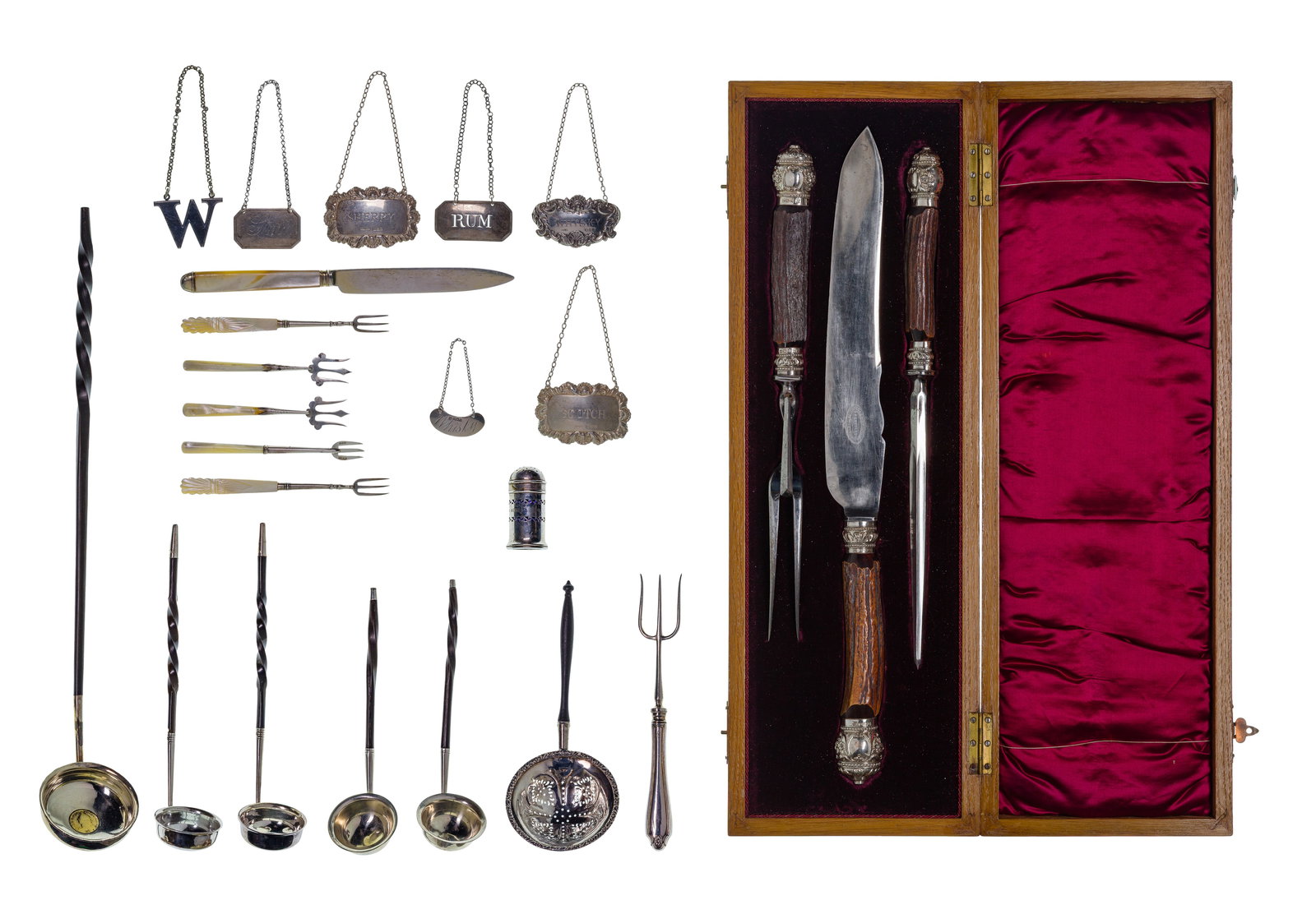 English Sterling Silver Object Assortment: English Sterling Silver Object Assortment (22) items including a 3-piece boxed carving set, (5) ladles, a tea strainer, (7) decanter tags, (7) appetizer utensils and a salt shaker (all marked