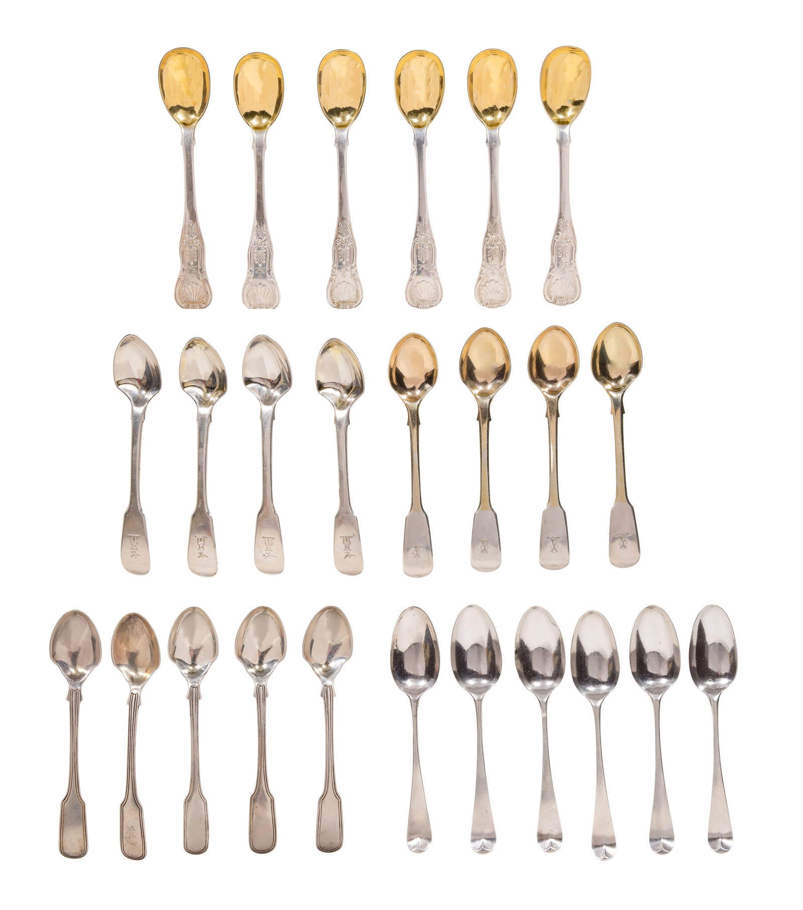 English Sterling Silver Spoon Assortment: English Sterling Silver Spoon Assortment (25) items of various shapes, sizes and designs, some having gold-washed bowls (all marked 'sterling' / lion passant) Property from: a Private Collector, Peori