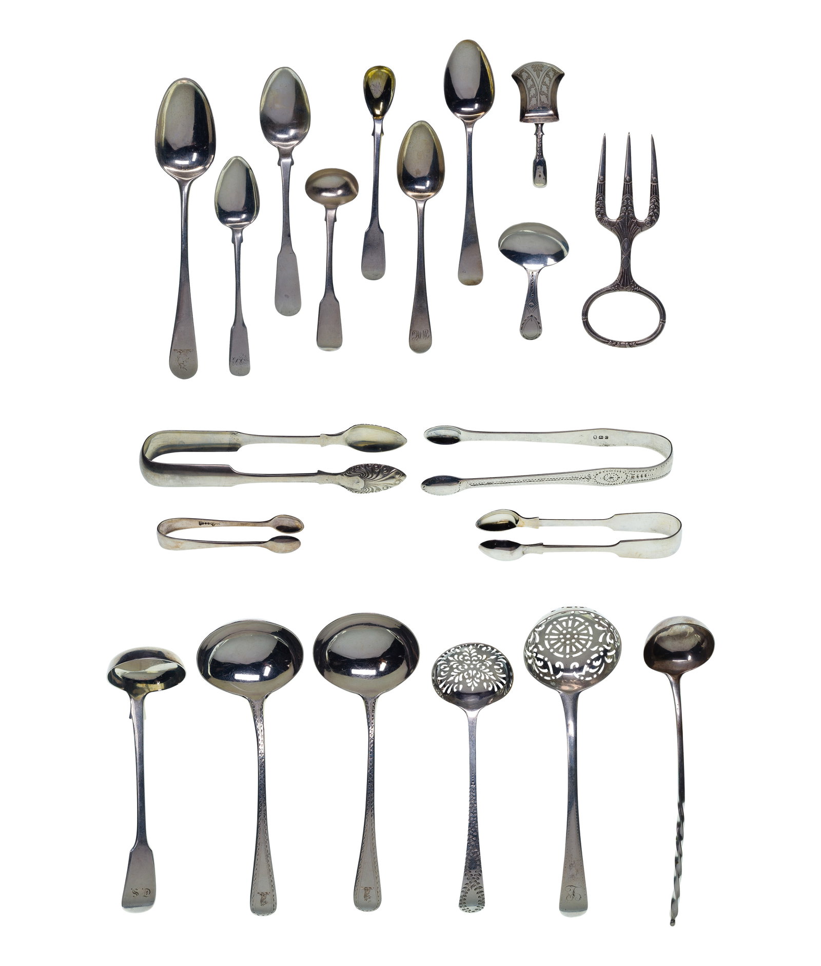English Sterling Silver Utensil Assortment: English Sterling Silver Utensil Assortment (20) items including ladles, spoons, tongs, slotted spoons and a fork (all marked lion passant) Property from: a Private Collector, Peoria, Illinois Length: