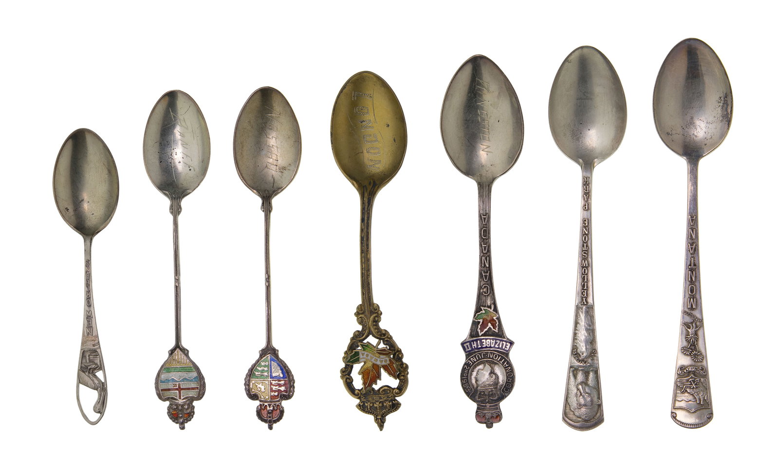 Sterling Silver Souvenir Spoon Assortment: Sterling Silver Souvenir Spoon Assortment (7) items of various sizes, designs and places (all marked 'sterling') Property from: a Private Collector, Kalamazoo, Michigan Length: 4 1/2 inches