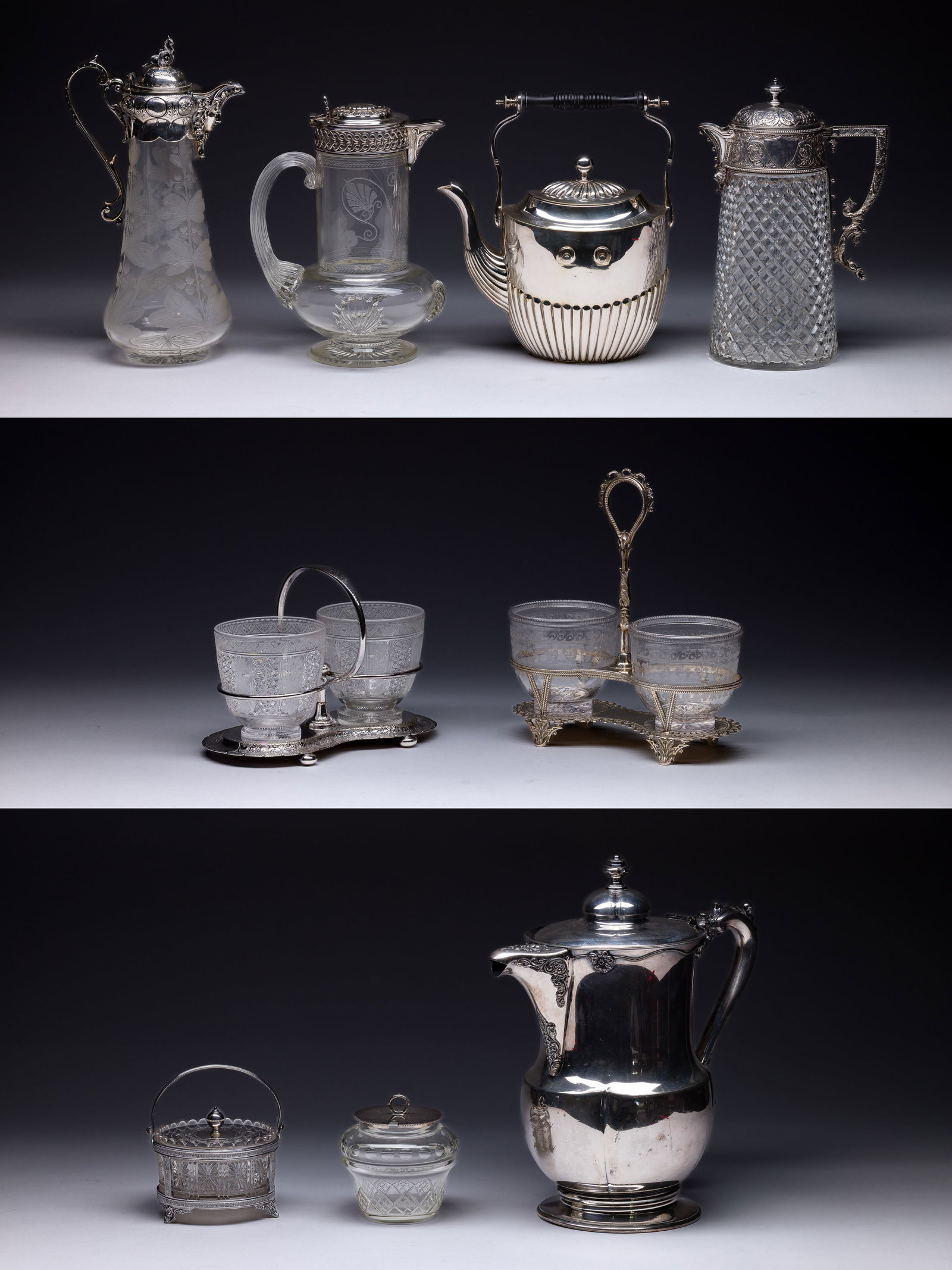 Silverplate Tableware Assortment: Silverplate Tableware Assortment (9) items including a water pitcher, (2) etched glass flagons, a cut glass flagon, (2) condiment caddies, each having trays, two cut and etched glass bowls, a hot wate