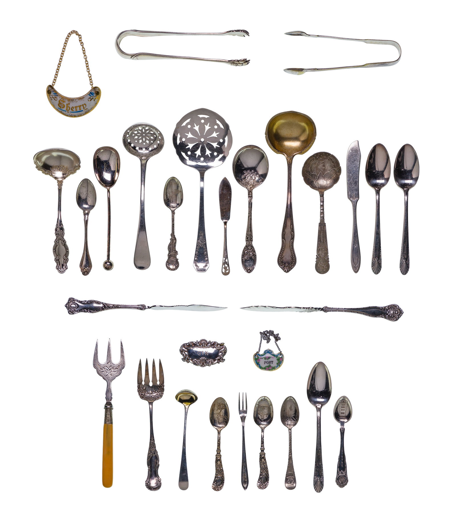 Silverplate Flatware Assortment: Silverplate Flatware Assortment (30) items of various patterns including a 16-piece boxed set of berry spoons, knives and forks, (8) serving spoons, (3) teaspoons, (6) souvenir spoons, (3) serving
