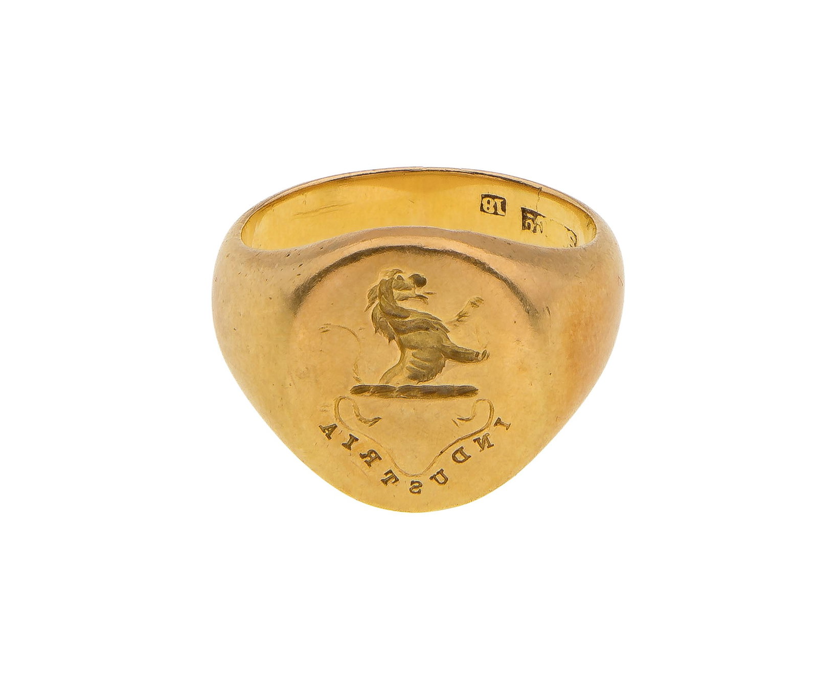 18k Yellow Gold Signet Ring: 18k Yellow Gold Signet Ring Having an intaglio engraving of a rampant lion and 'Industria' (marked '18') Property from: a Private Collector, Peoria, Illinois Size: 8 Weight: 18k gold: 8.41