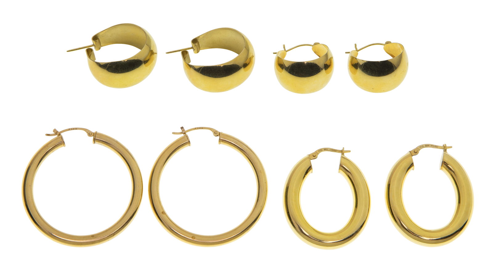 14k Yellow Gold Pierced Earring Assortment: 14k Yellow Gold Pierced Earring Assortment (4) pairs of various sized hoop style earrings (all marked '14k') Property from: a Private Collector, Peoria, Illinois Length: 1 1/2 inches, Width:
