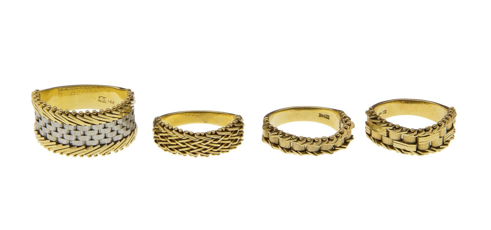 14k Yellow Gold Ring Assortment: 14k Yellow Gold Ring Assortment (4) items including a bi-color mesh style, a stationary mesh style and (2) articulated mesh styles (all marked '14k') Property from: a Private Collector, Peoria,