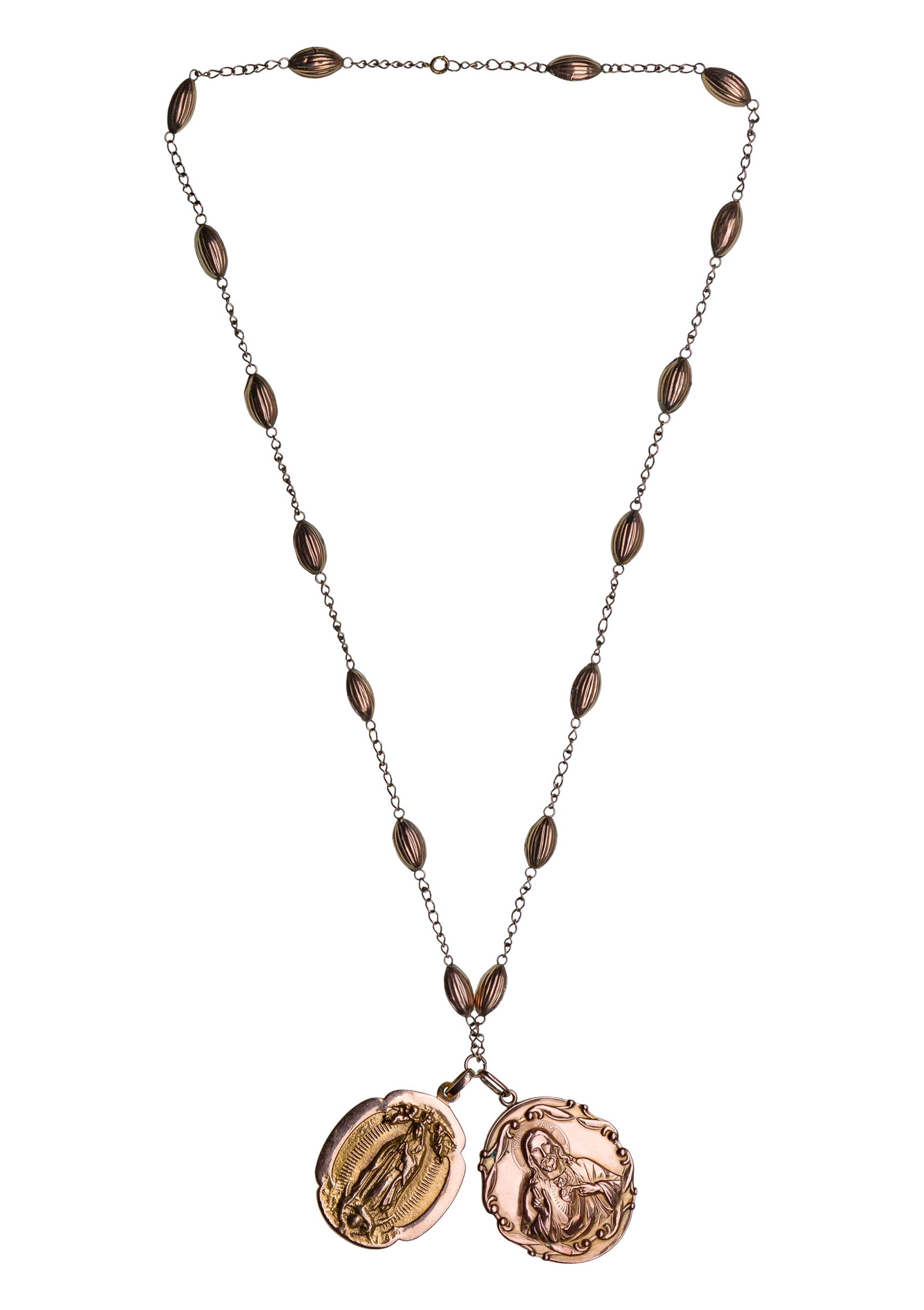 10k Yellow Gold Necklace and Religious Pendants: 10k Yellow Gold Necklace and Religious Pendants (2) miraculous medals / pendants on a necklace having fluted elongated beads (necklace marked '10k', pendants unmarked 10k) Property from: a Private Col