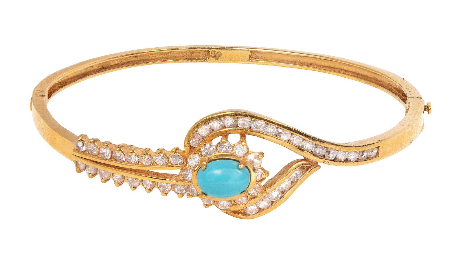 21k Yellow Gold, Crystal and Persian Turquoise Hinged Bangle Bracelet (1 of 1)