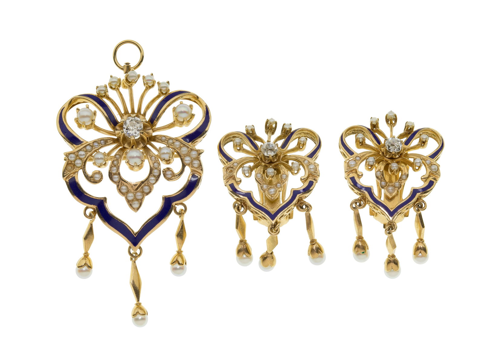 14k Yellow Gold, Pearl, Enamel and Diamond Jewelry Suite: 14k Yellow Gold, Pearl, Enamel and Diamond Jewelry Suite (2) items including a brooch having a center diamond, seed pearls, blue enamel and pearl drops in an open work bow style setting as well as