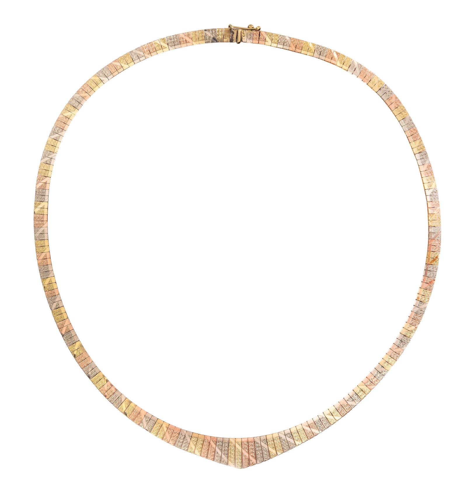 14k Tri-Color Gold Necklace: 14k Tri-Color Gold Necklace A graduated choker style, approximately 0.375-inch wide at largest point (marked '14k' on back of clasp) Property from: a Private Collector, Chicago (Jefferson Park), Illin