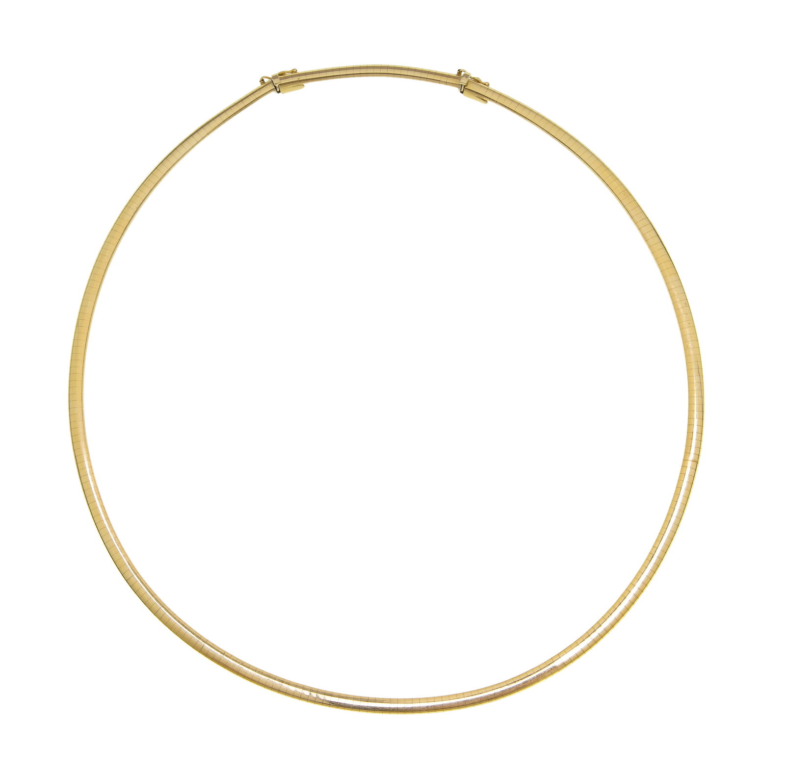 14k Yellow Gold Omega Necklace: 14k Yellow Gold Omega Necklace Having extension, 0.125-inch wide (marked '14k') Property from: a Private Collector, Peoria, Illinois Length: 17 inches Size: 2 inch extender Weight: 14k gold: 21.68 dwt