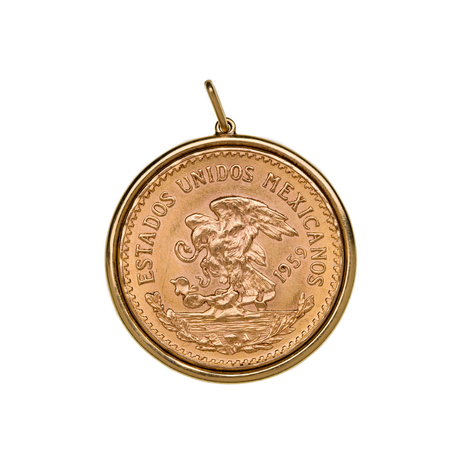 Mexico: 1959 20-Pesos Gold in 18k Yellow Gold Bail: Mexico: 1959 20-Pesos Gold in 18k Yellow Gold Bail Coin unmarked but XRF tested as 21k gold, bail unmarked but XRF tested as 18k gold Property from: an Estate, Wilmette, Illinois Category: Fine Jewelr