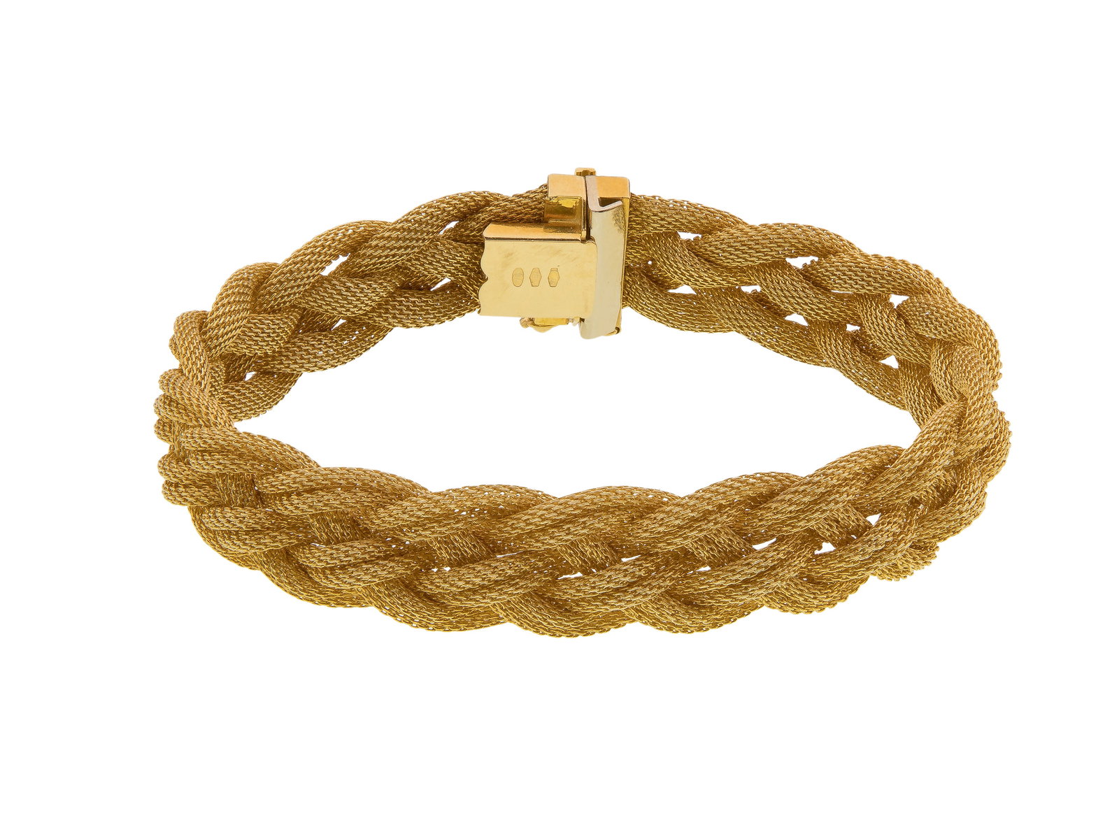 18k Yellow Gold Bracelet: 18k Yellow Gold Bracelet A braided mesh style, 0.5-inch wide (marked '750') Property from: a Private Collector, Peoria, Illinois Length: 7 1/2 inches Weight: 18k gold: 20.27 dwts. (total) Condition: o
