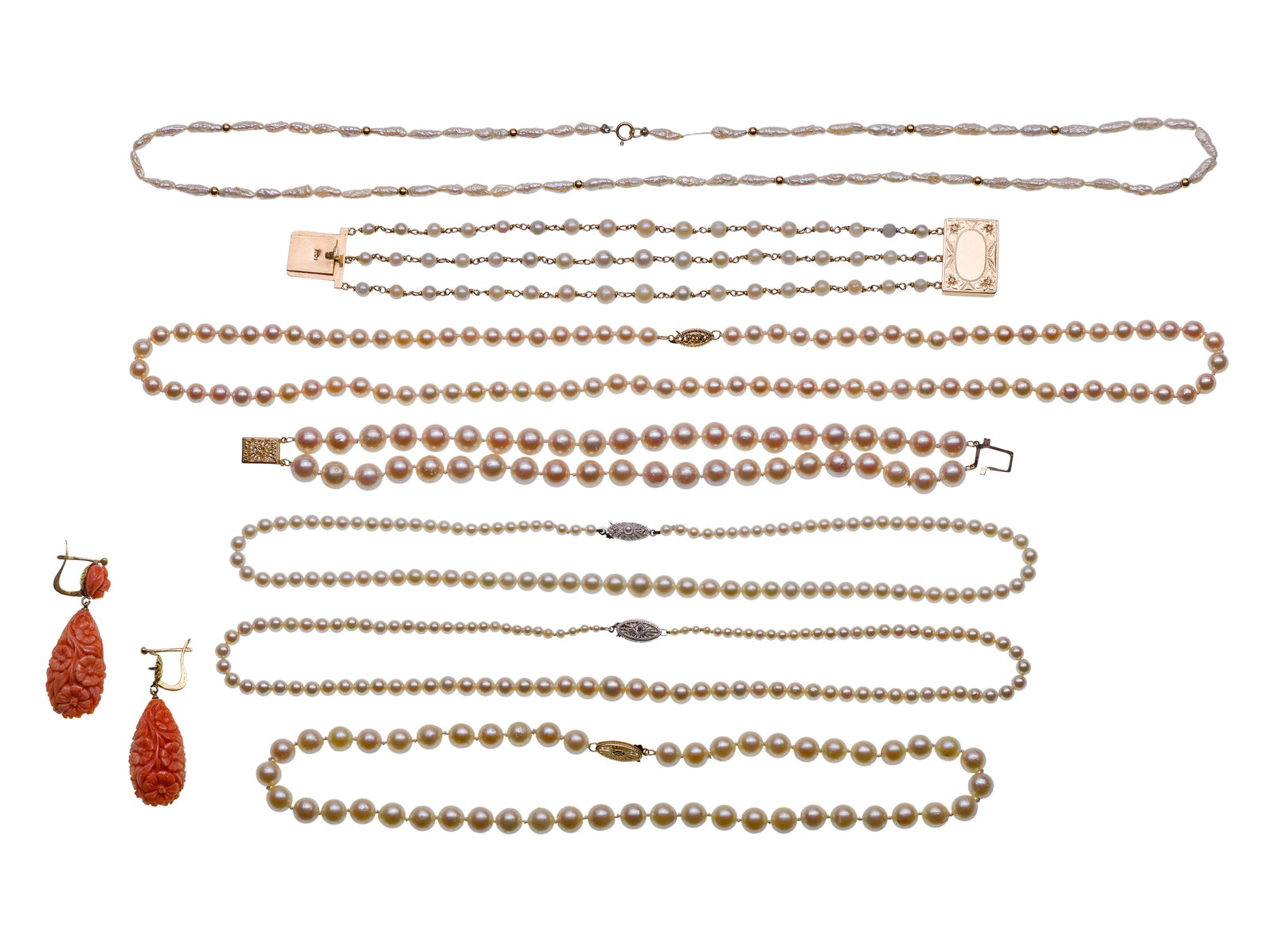 18k Gold Coral Earrings and 14k Gold Pearl Jewelry Assortment (1 of 1)