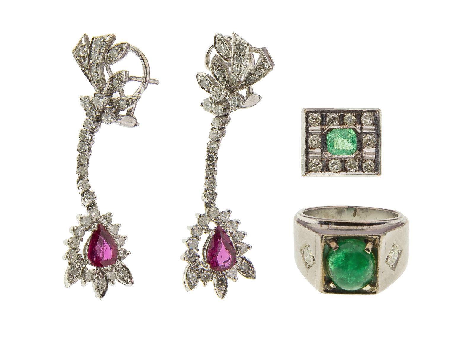 Diamond Jewelry Assortment: Diamond Jewelry Assortment (3) items including a fragment piece having a center emerald and diamond accents (unmarked 10k) as well as a pair of fashion pierced ruby and diamond accented earrings and a