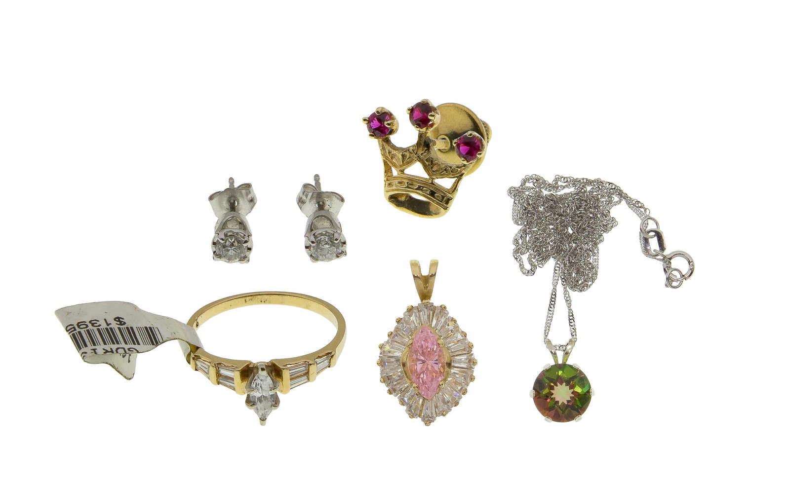 14k Gold and Gemstone Jewelry Assortment: 14k Gold and Gemstone Jewelry Assortment (5) items including a marquise cut diamond ring, a pink and clear glass pendant, a round cut mystic topaz pendant on necklace, a pair of round cut diamond pier