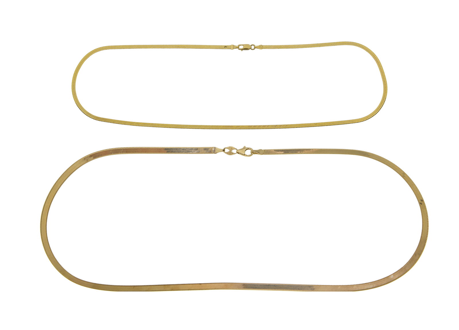 14k Yellow Gold Necklaces: 14k Yellow Gold Necklaces (2) herringbone style chains (all marked '14k') Property from: a Private Collector, Peoria, Illinois Length: 18 inches, Width: 1/4 inches (larger) Weight: 14k gold: 6.98 dwts
