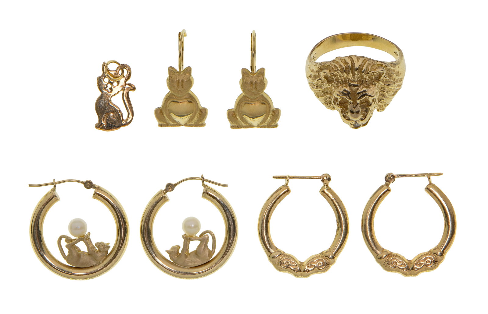 14k Yellow Gold Animal Form Jewelry Assortment: 14k Yellow Gold Animal Form Jewelry Assortment (5) items including a lion ring, a cat pendant and (2) pairs of pierced cat earrings and a pair of pierced ram earrings (all marked '14k') Property from: