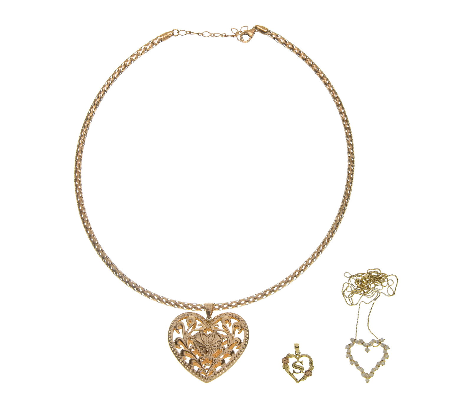 14k Gold Jewelry Assortment: 14k Gold Jewelry Assortment (3) items including an open work heart pendant choker style necklace, a diamond accented heart pendant style necklace and a two-tone initial 'S' pendant (all marked '14k')