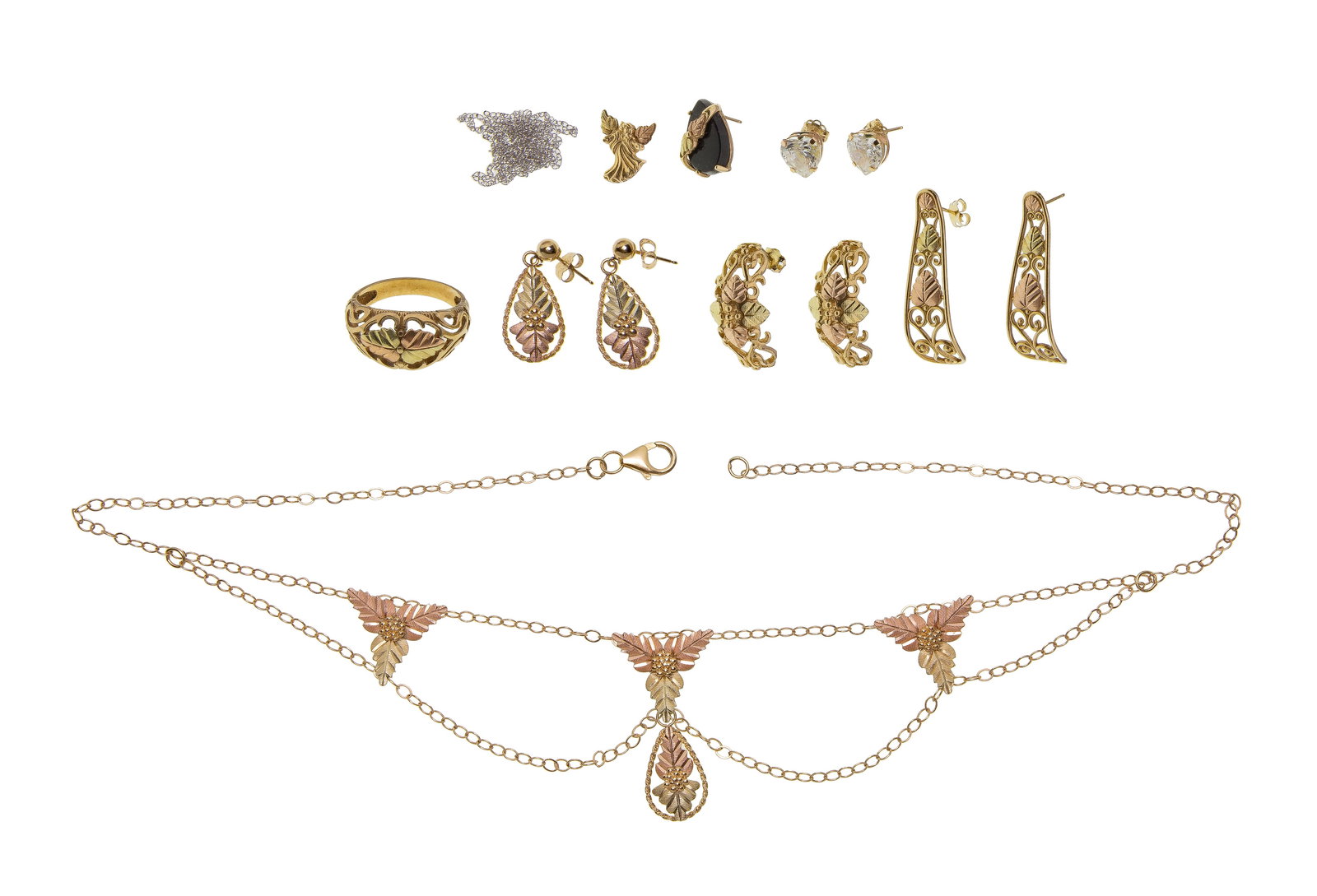 10k Gold Jewelry Assortment: 10k Gold Jewelry Assortment (10) items including (4) pairs of pierced earrings, (2) single earrings, a ring and a necklace as well as (2) chain fragments (most marked '10k') Property from: an Estate,
