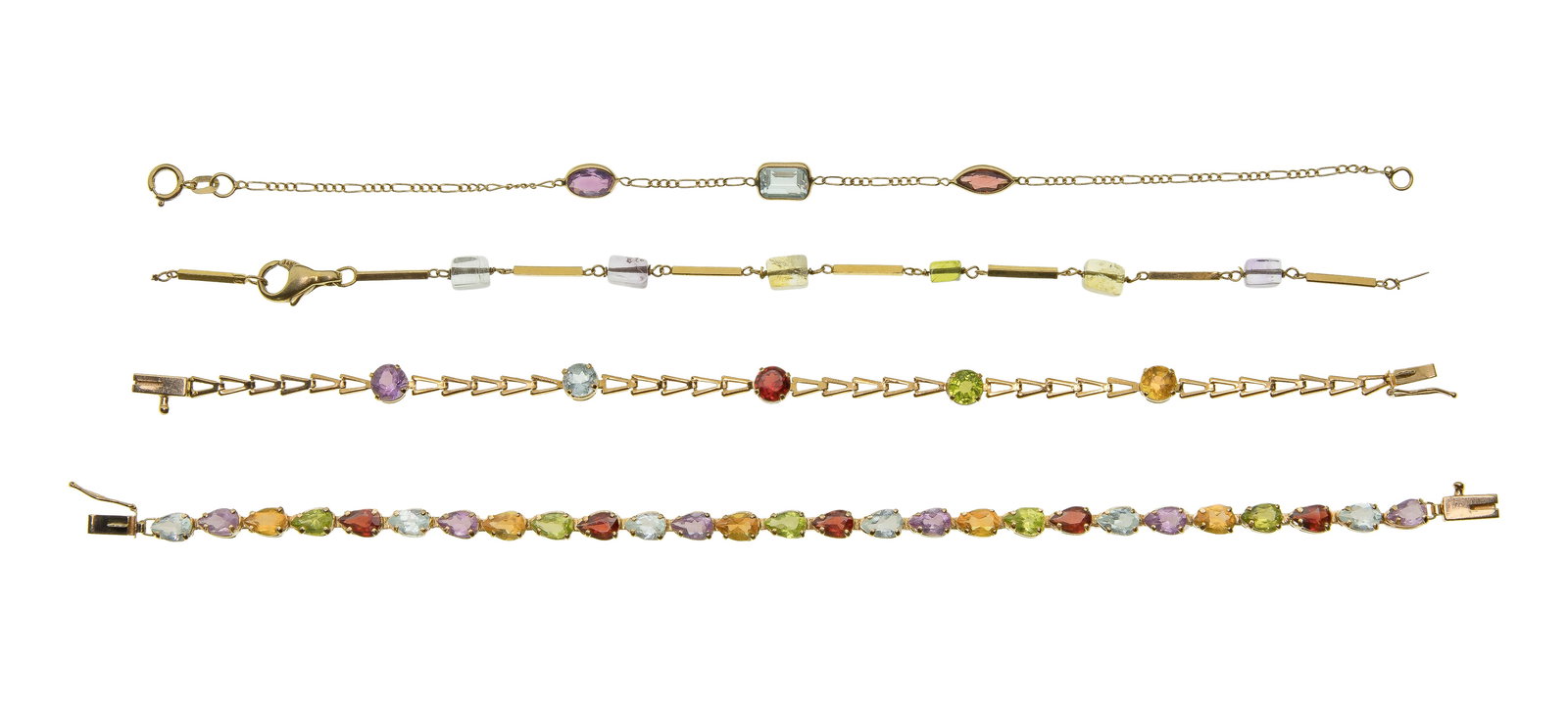 14k Yellow Gold and Gemstone Bracelet Assortment: 14k Yellow Gold and Gemstone Bracelet Assortment (4) items of various styles each having multi-colored gemstones (all marked '14k') Property from: a Private Collector, Peoria, Illinois Length: 7 1/2 i