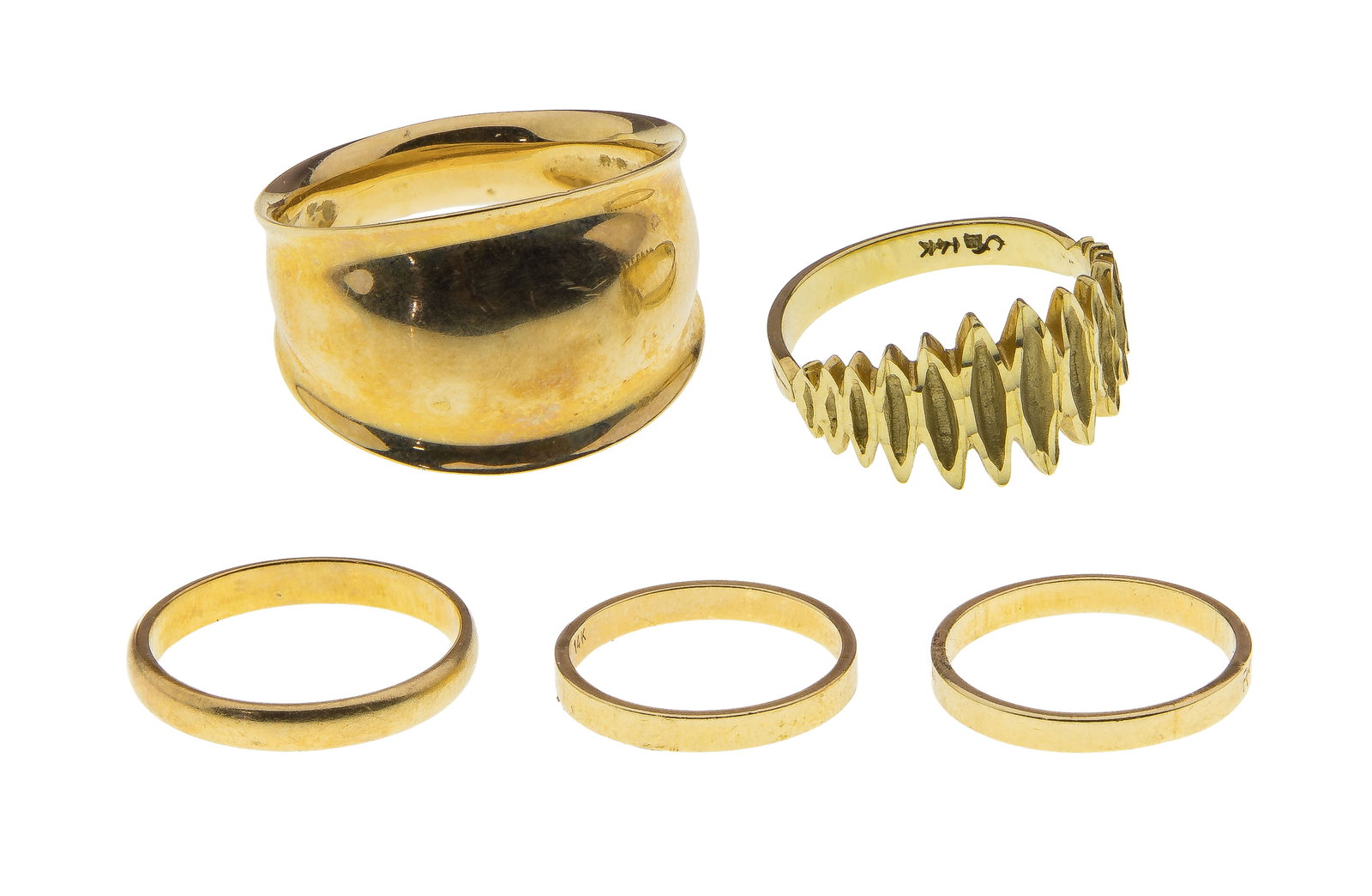 14k Yellow Gold Ring Assortment: 14k Yellow Gold Ring Assortment (5) items including (3) bands, a staggered bar and a cigar band style (all marked '14k') Property from: a Private Collector, Peoria, Illinois Size: 4, 4.5, 6 (bands), 5