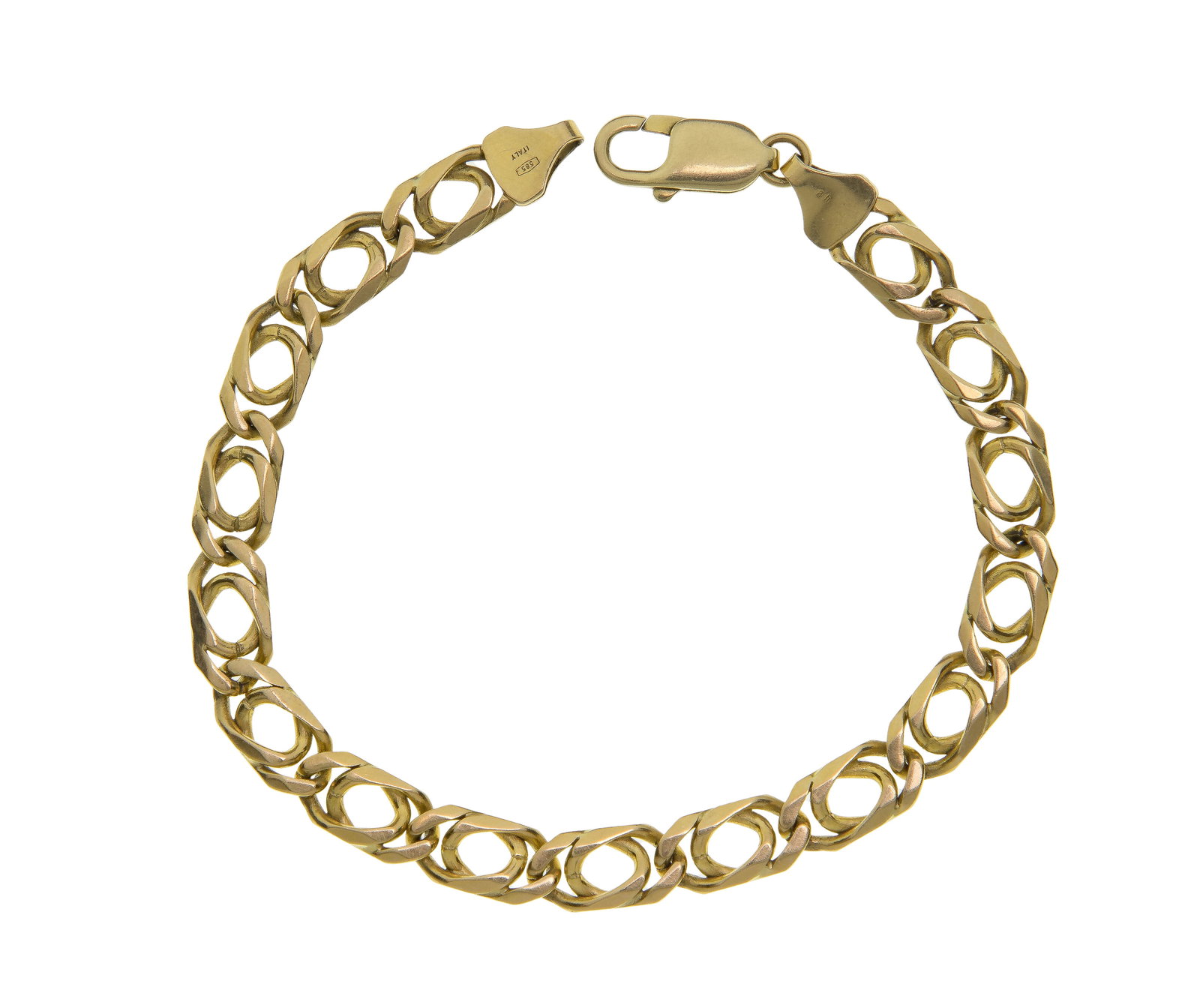 14k Yellow Gold Link Bracelet: 14k Yellow Gold Link Bracelet An infinity style link (marked '585') Property from: a Private Collector, Peoria, Illinois Length: 8 1/4 inches Weight: 14k gold: 10.06 dwts. (total) Condition: overall l