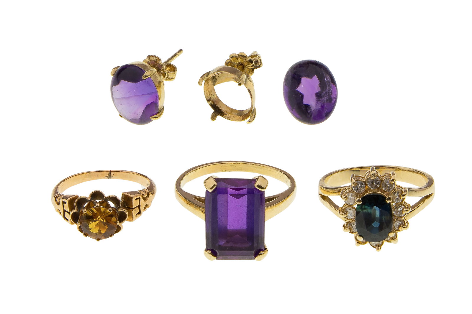 14k Yellow Gold and Gemstone Jewelry Assortment: 14k Yellow Gold and Gemstone Jewelry Assortment (4) items including an approximately 14mm x 9mm emerald cut purple sapphire cocktail ring and oval cut sapphire surrounded accent diamonds ring and a ro