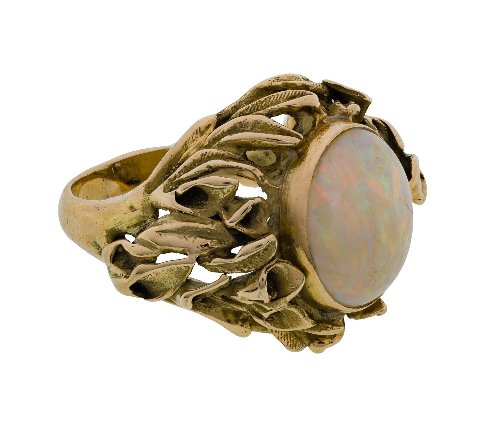 14k Yellow Gold and Opal Ring: 14k Yellow Gold and Opal Ring An approximately 14mm x 12mm oval cut cabochon opal in a modern foliate form setting (unmarked 14k) Property from: a Private Collector, Elmhurst, Illinois Size: 6.5 Weigh