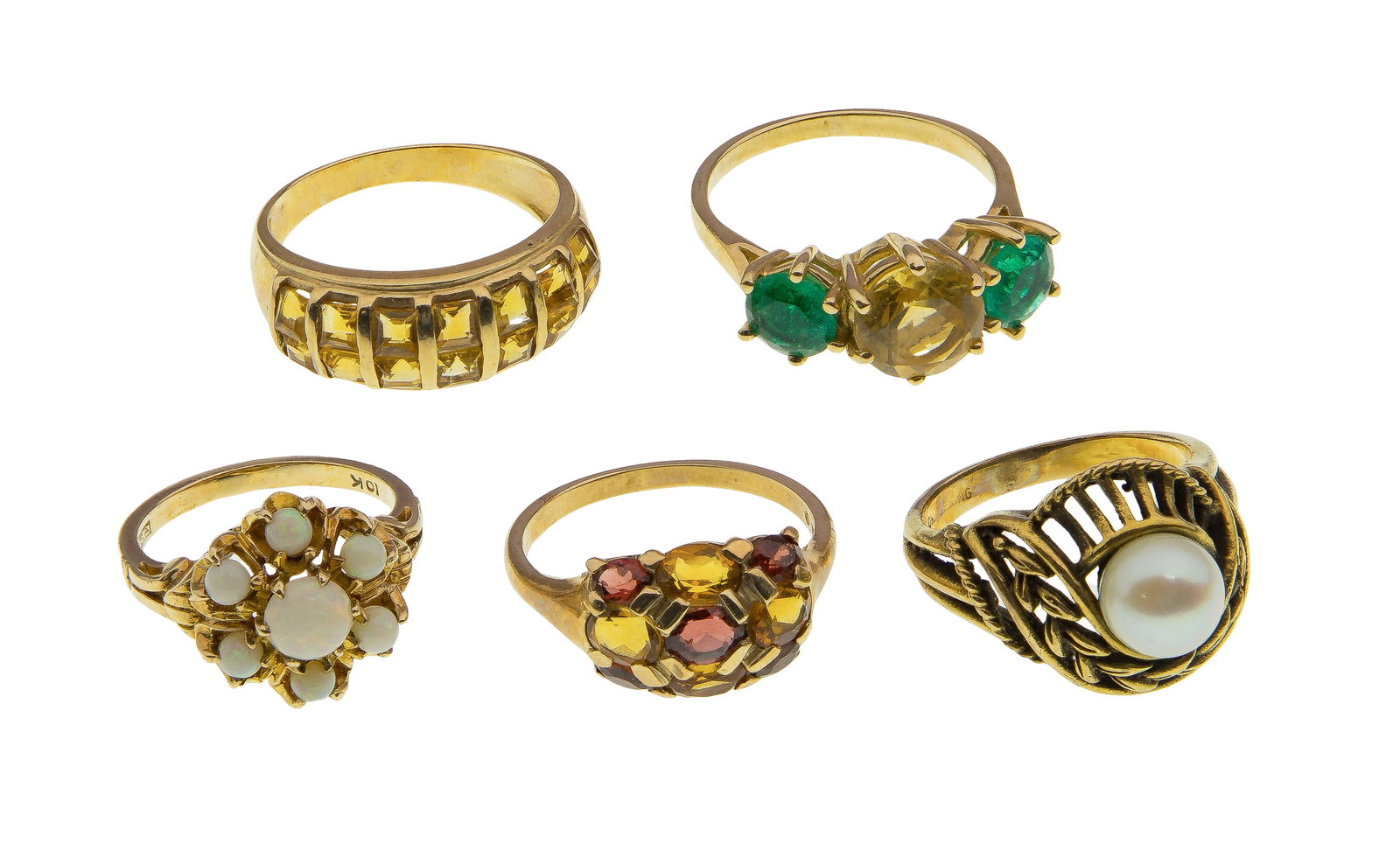 10k Yellow Gold and Gemstone Ring Assortment: 10k Yellow Gold and Gemstone Ring Assortment (5) cocktail rings of various sizes, styles and gemstones / stones (marked '10k') Property from: a Private Collector, Peoria, Illinois Size: 5.5 to 8 Weigh