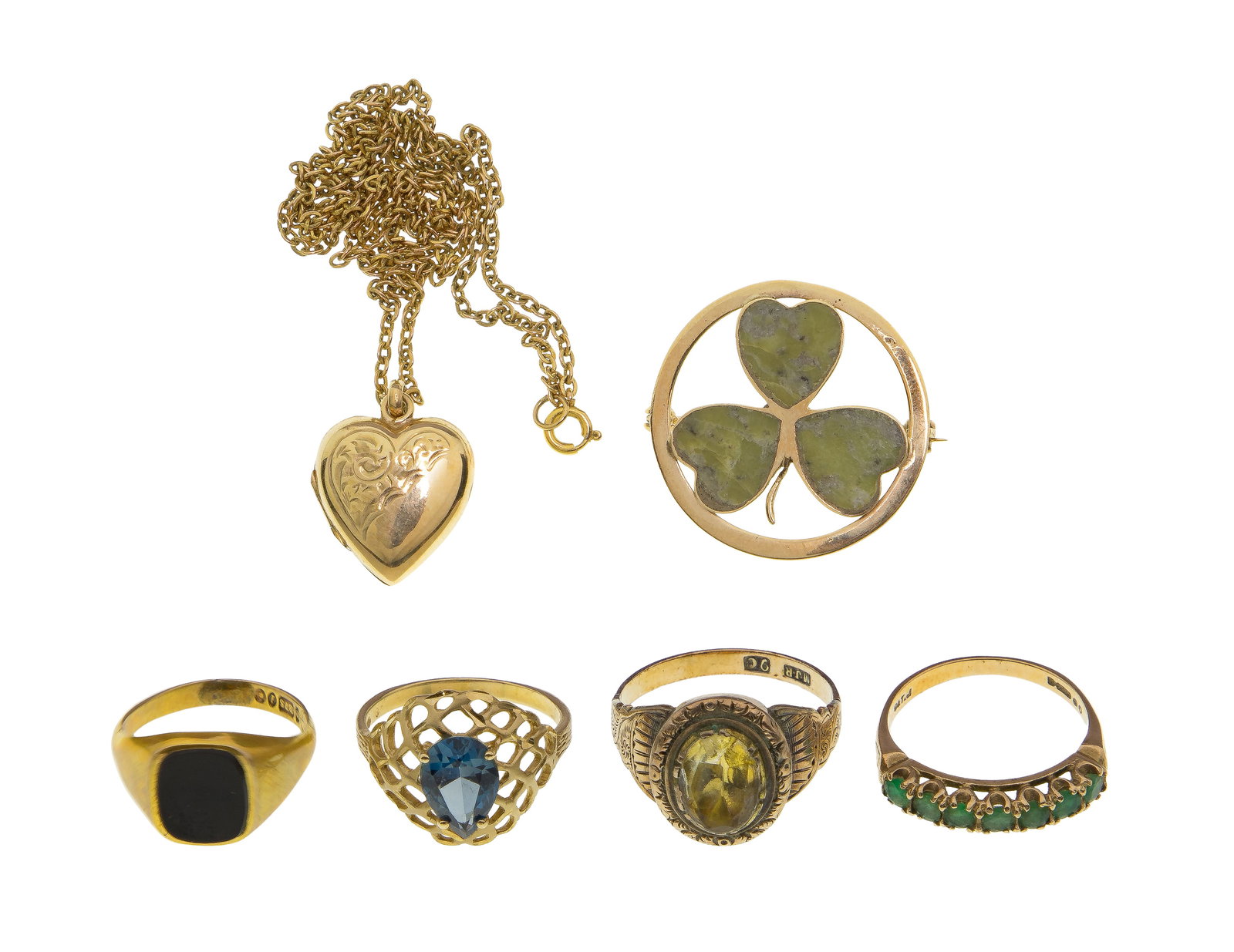 9k Gold Jewelry Assortment: 9k Gold Jewelry Assortment (6) items including (4) rings having gemstones, a pin and a heart locket on necklace (marked '9' / '9c' / '375') Property from: a Private Collector, Peoria, Illinois Length: