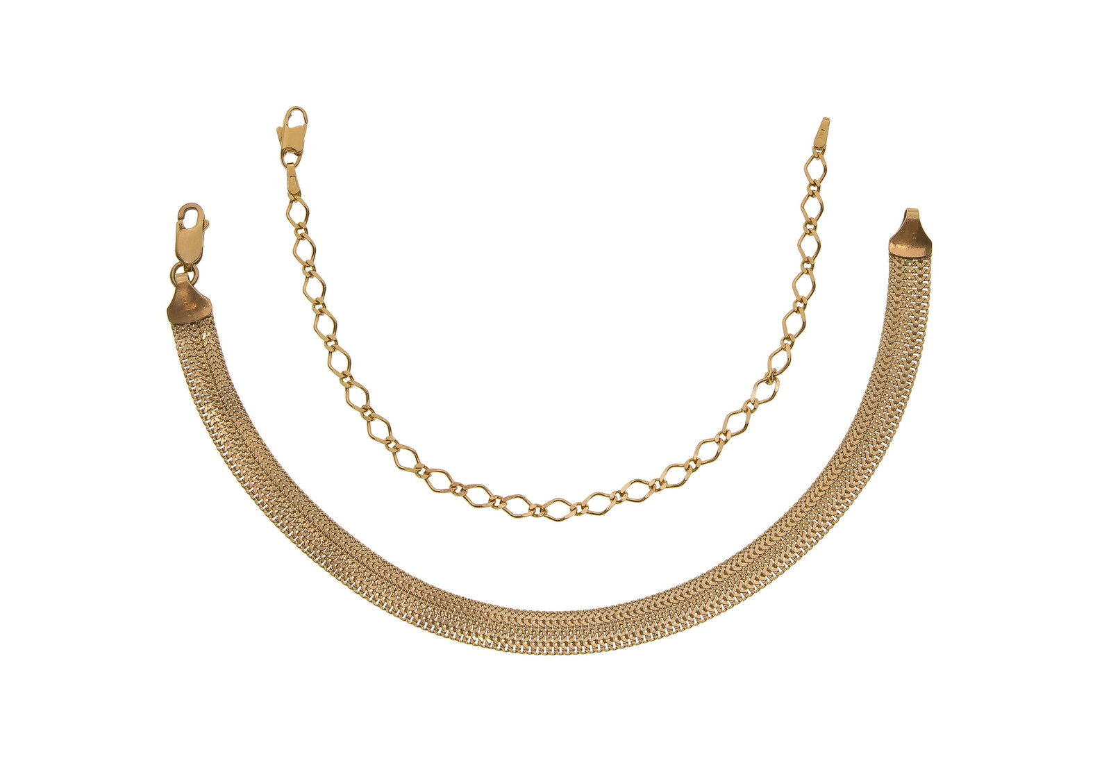 18k Yellow Gold Bracelets: 18k Yellow Gold Bracelets (2) items including a 0.375-inch wide mesh style and a rhombus style link (marked '750' / '18k') Property from: a Private Collector, Peoria, Illinois Length: 8
