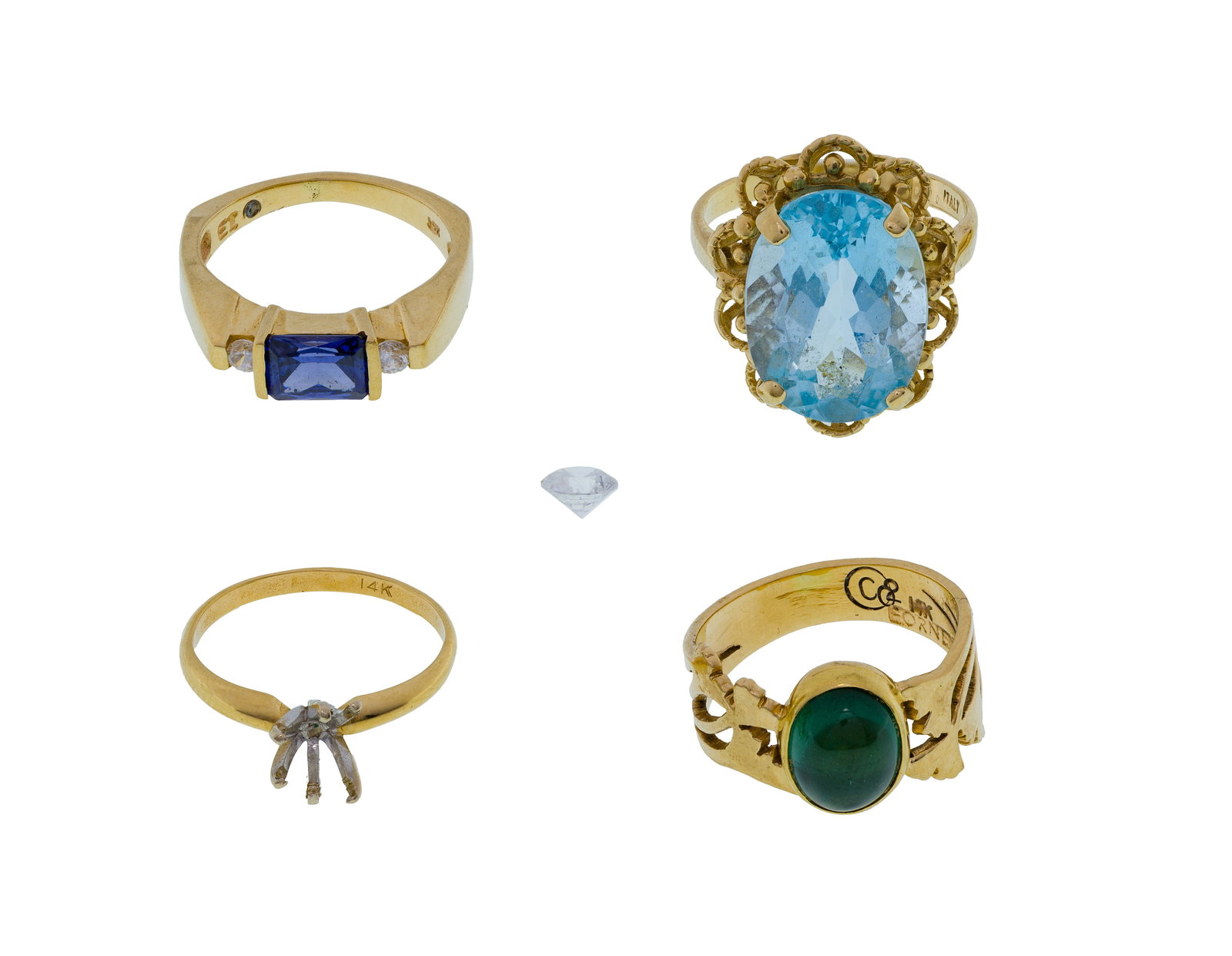14k Yellow Gold and Gemstone Ring Assortment: 14k Yellow Gold and Gemstone Ring Assortment (4) items including a round cut solitaire engagement style setting, a bar cut sapphire having diamond accents on each side, a gemstone in a floral open