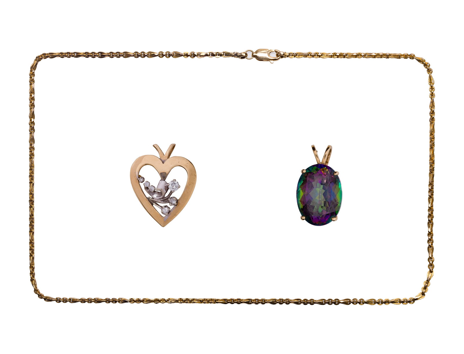 14k Yellow Gold Pendants and Necklace: 14k Yellow Gold Pendants and Necklace (3) items including a mystic topaz pendant, a heart-shaped pendant with diamond accents and an oval link necklace (marked '14k') Property from: TBD 