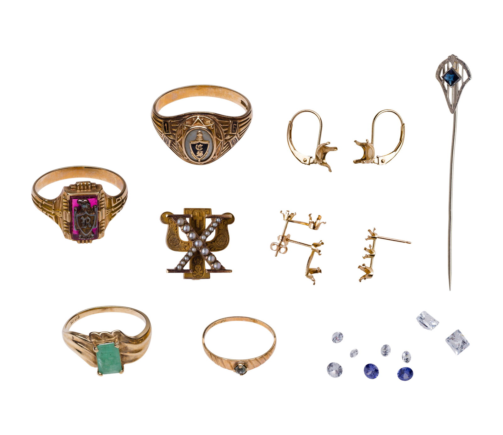 10k Gold Jewelry Assortment: 10k Gold Jewelry Assortment (10) total items including (2) class rings, a semi-precious green gemstone ring, a baby ring, a fraternal pin, an Art Deco style white gold stick pin and yellow gold earrin