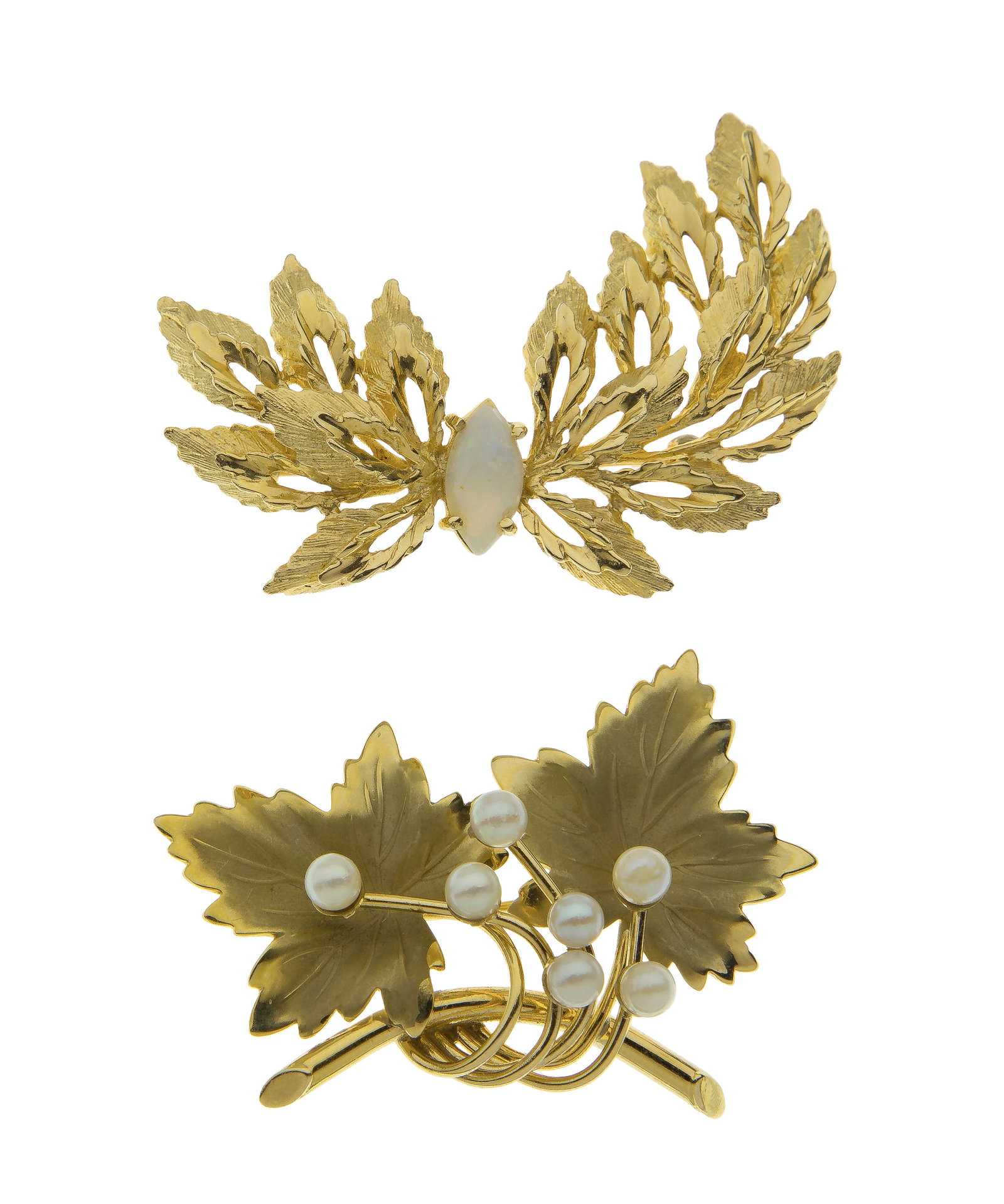 14k Yellow Gold Brooch Pins: 14k Yellow Gold Brooch Pins (2) brooches having a foliate motif, including an opal and a pearl marked 'Carl Art' (both marked '14k') Property from: an Estate, St. Louis, Missouri Length: 2 inches, Wid