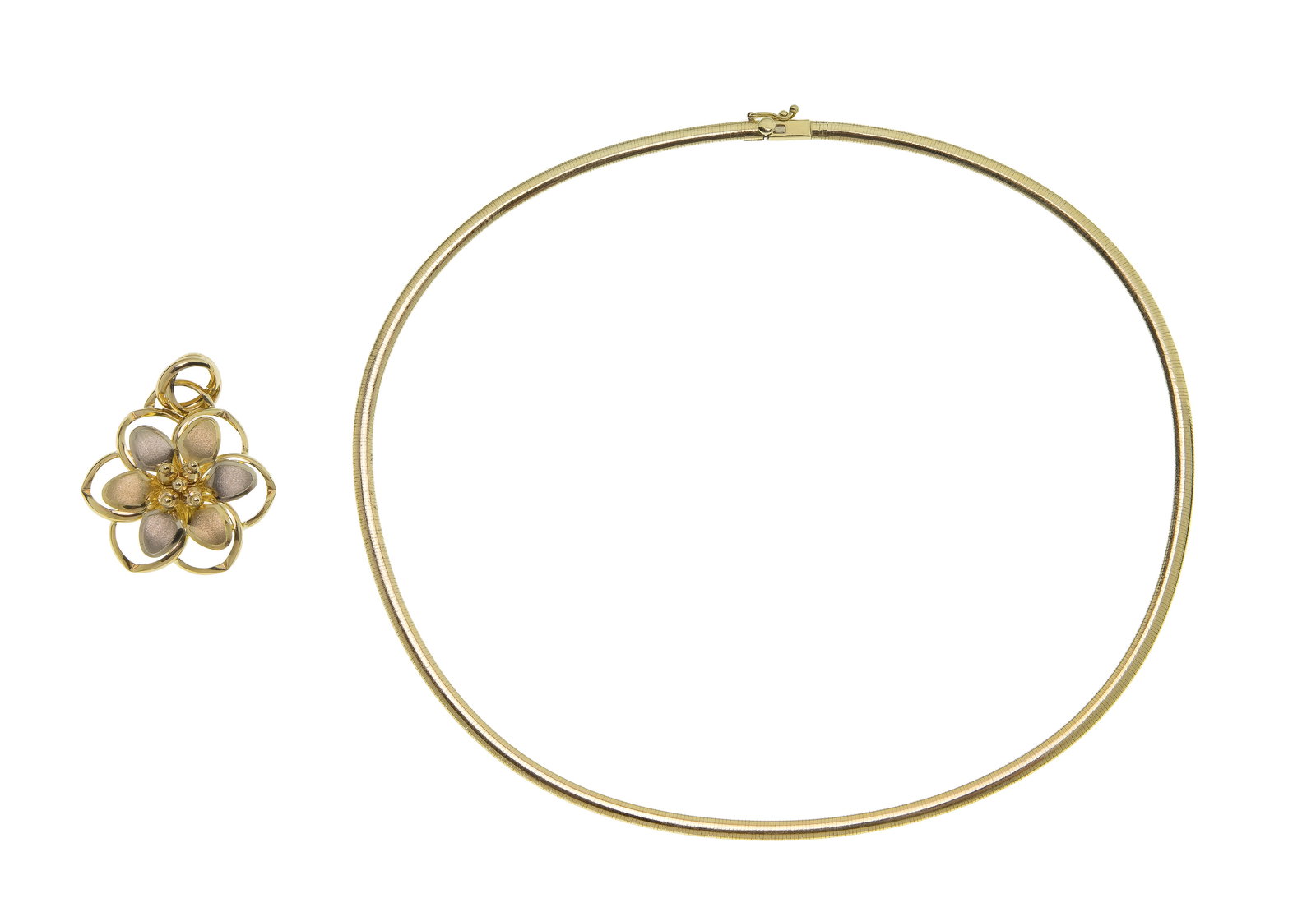 14k Gold Necklace and Pendant: 14k Gold Necklace and Pendant (2) items including a 0.25-inch wide Omega style yellow gold necklace and a multi-color gold flower pendant (both marked '14k') Property from: an Estate, St.