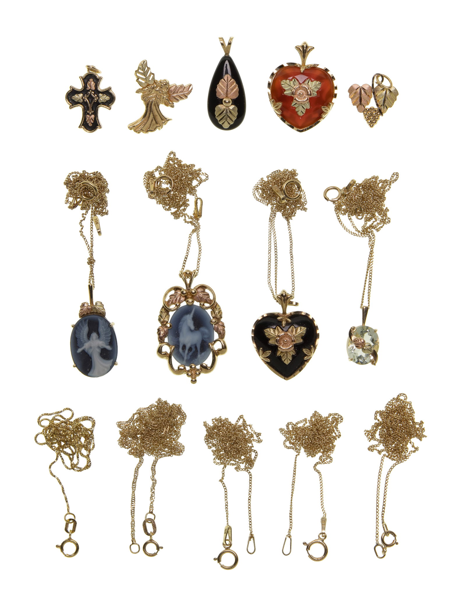 10k Gold Jewelry Assortment: 10k Gold Jewelry Assortment (14) items including (4) pendant necklaces, (5) chain style necklaces and (5) pendants (all marked '10k') Property from: an Estate, St. Louis, Missouri Length: 24 inches (l