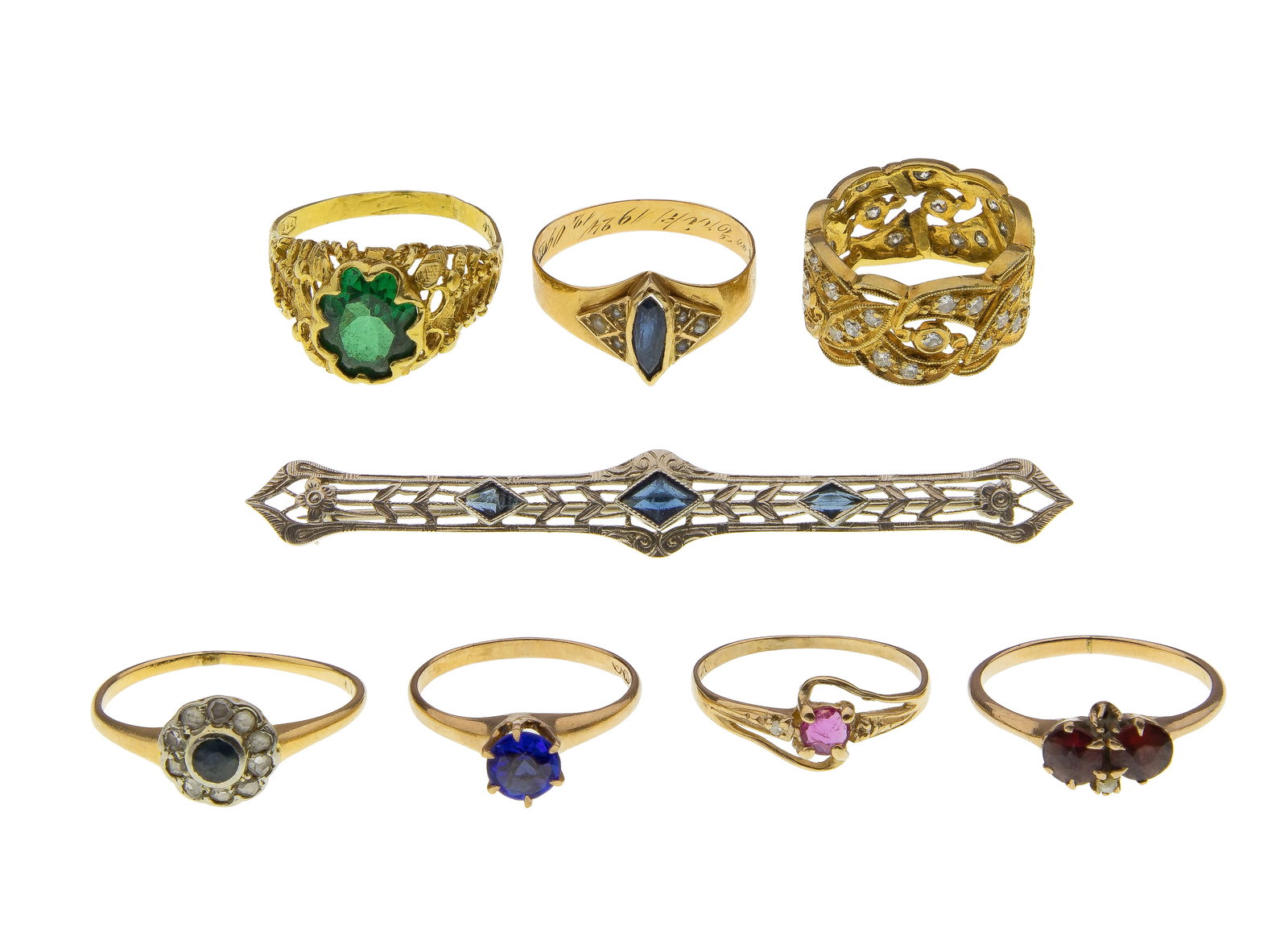 Platinum, 18k and 10k Gold Jewelry Assortment: Platinum, 18k and 10k Gold Jewelry Assortment (8) items including an open work scalloped edge band having diamond accents (unmarked platinum), (3) rings consisting of a domed style emerald, a