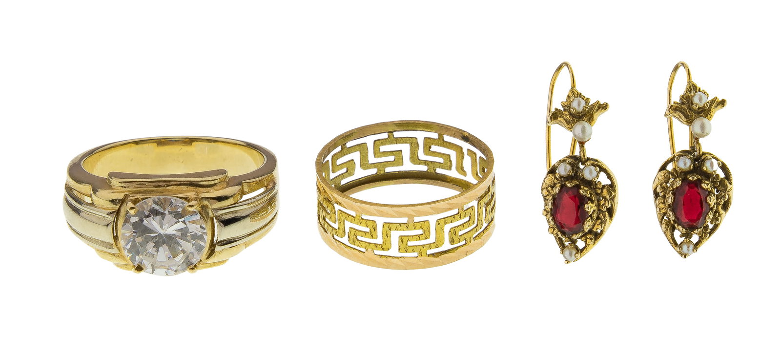 14k Yellow Gold Jewelry Assortment: 14k Yellow Gold Jewelry Assortment (3) items including a band style ring having a round cut center gemstone, an open work band and a pair of garnet and sea pearl pierced earrings (unmarked 14k) 