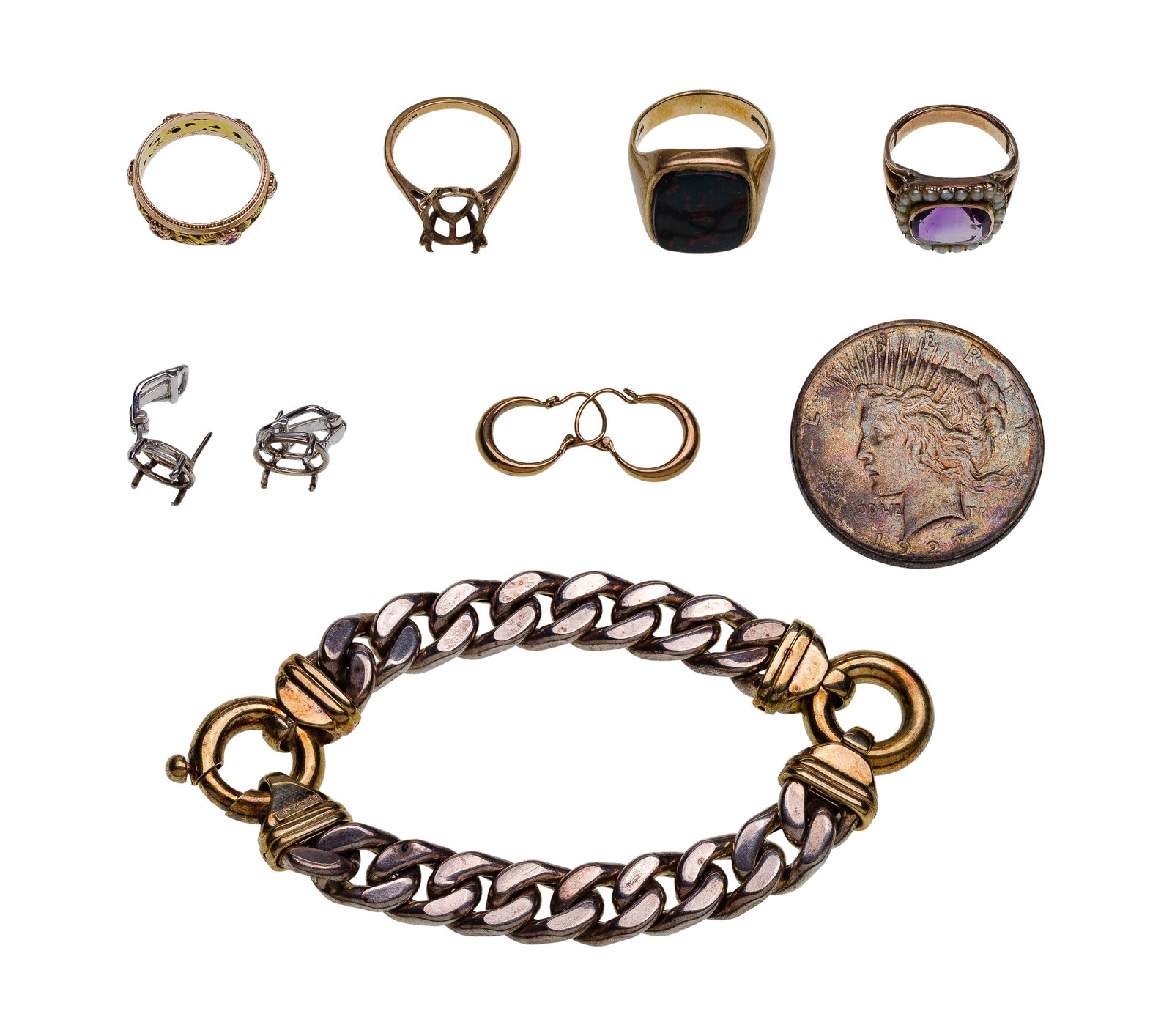 Gold, Silver and Costume Jewelry Assortment: Gold, Silver and Costume Jewelry Assortment Including a band style ring having ruby accents and a pair of basket style earring settings (marked and unmarked '18k'), rings, earrings and a bracelet